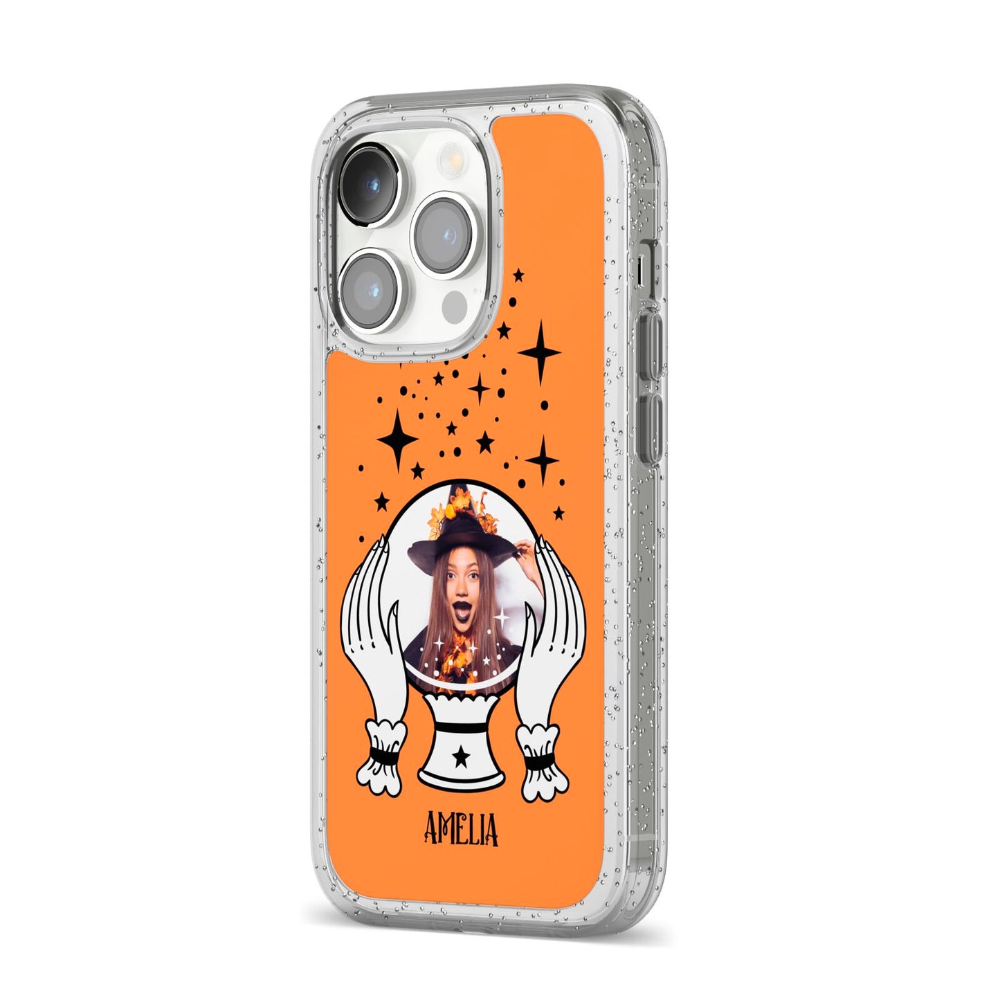 Personalised Crystal Ball with Photo iPhone 14 Pro Glitter Tough Case Silver Angled Image