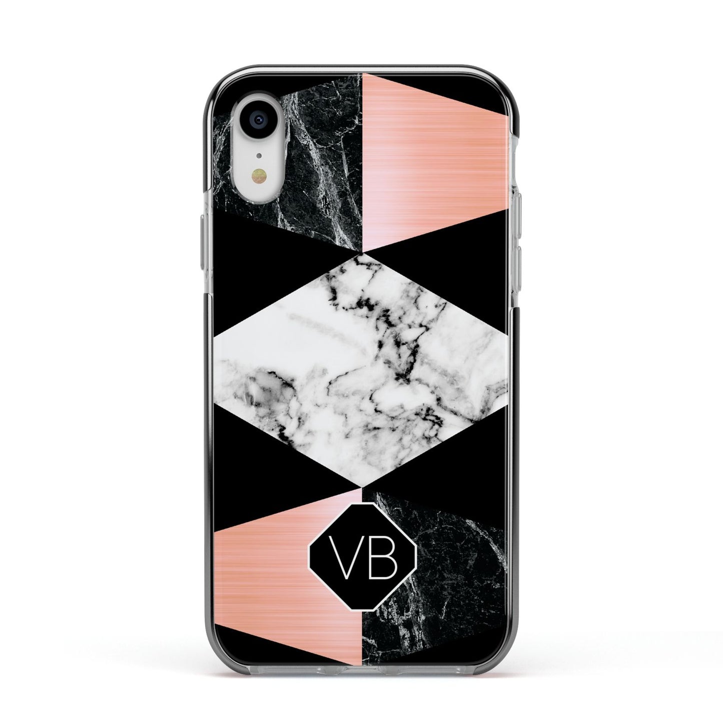 Personalised Custom Marble Initials Apple iPhone XR Impact Case Black Edge on Silver Phone