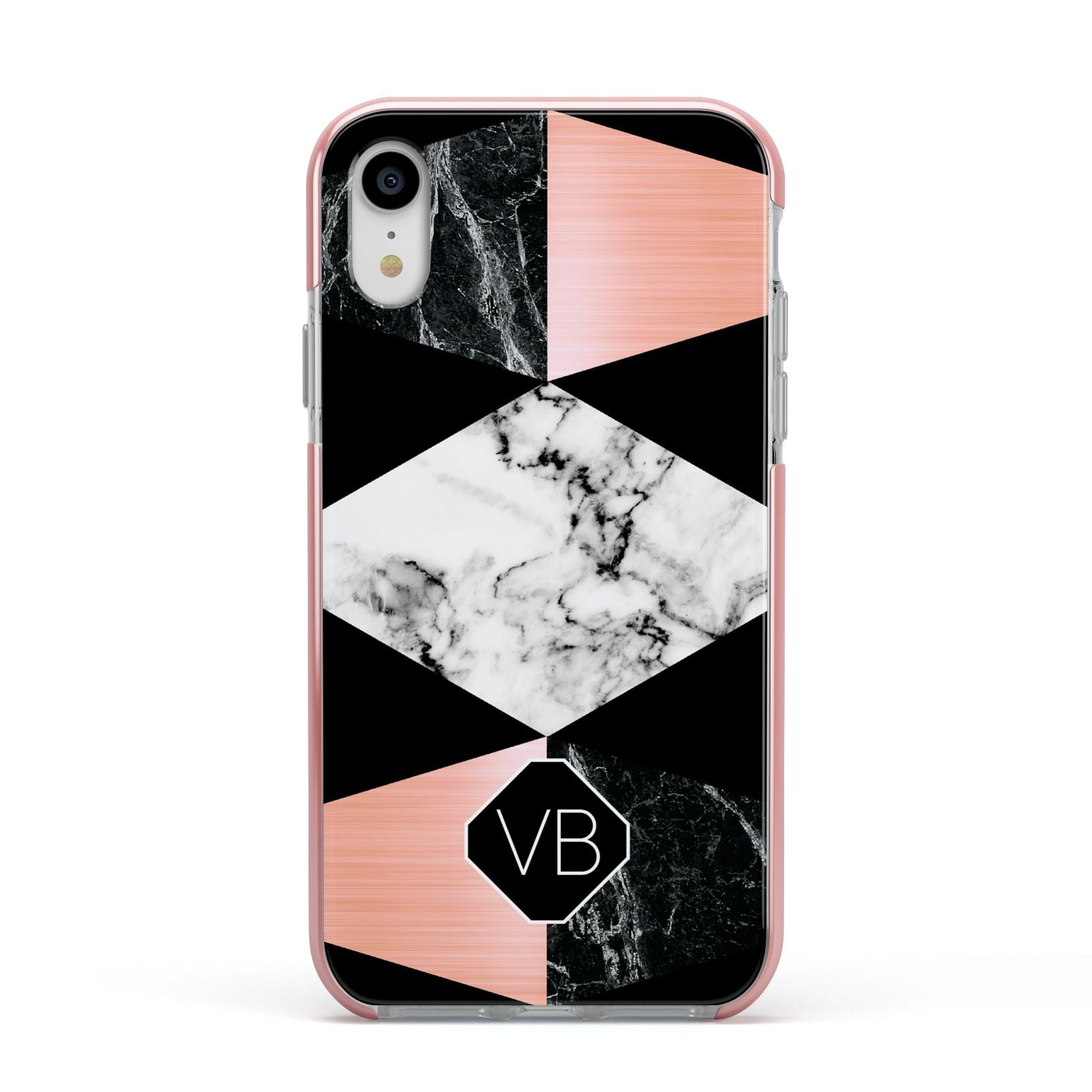 Personalised Custom Marble Initials Apple iPhone XR Impact Case Pink Edge on Silver Phone