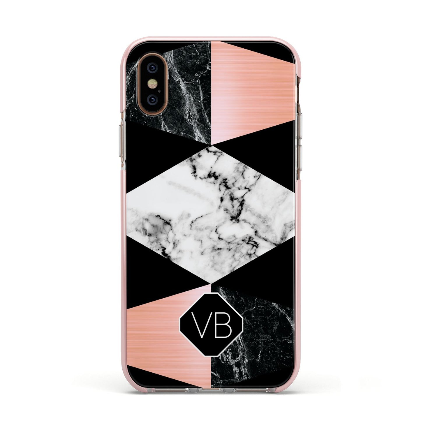 Personalised Custom Marble Initials Apple iPhone Xs Impact Case Pink Edge on Gold Phone