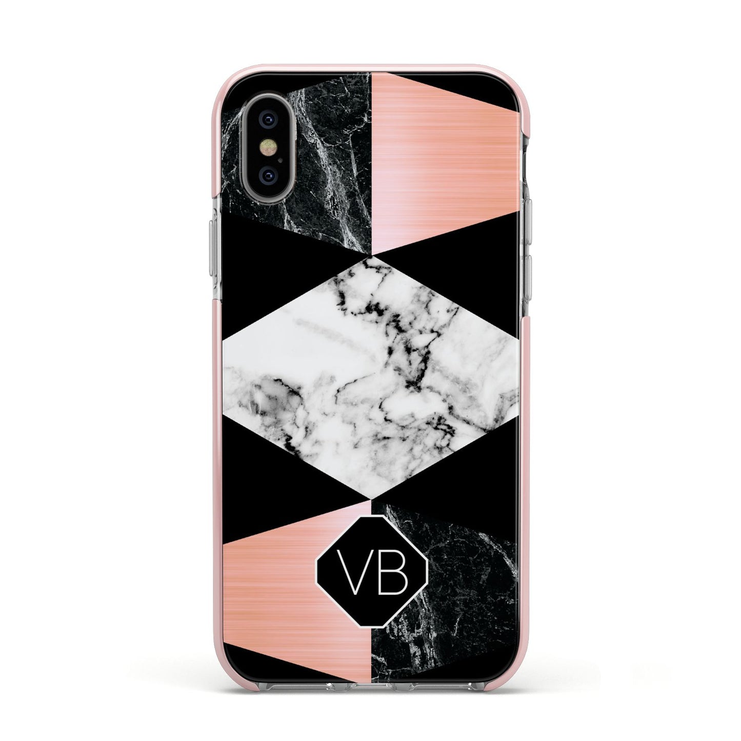 Personalised Custom Marble Initials Apple iPhone Xs Impact Case Pink Edge on Silver Phone