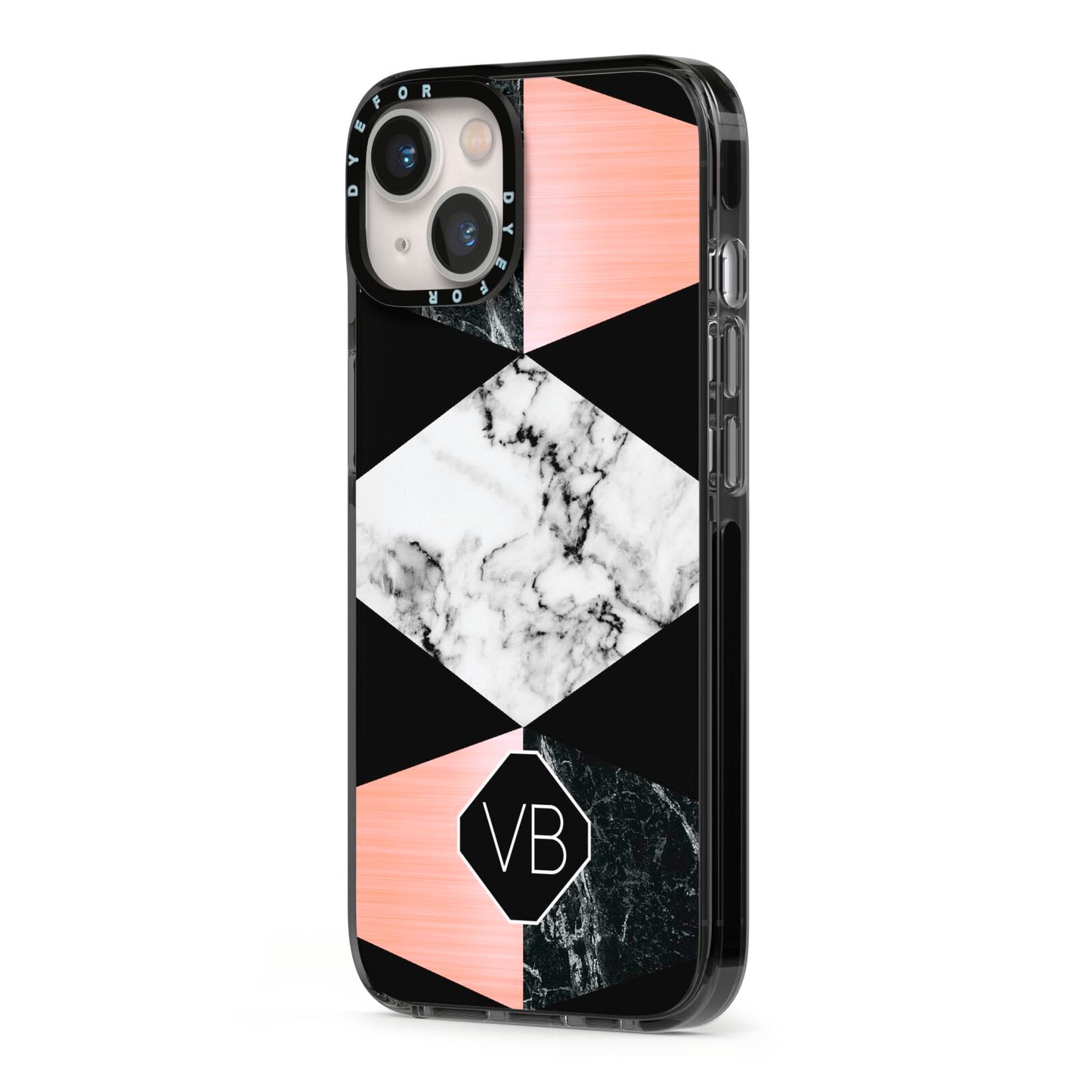 Personalised Custom Marble Initials iPhone 13 Black Impact Case Side Angle on Silver phone
