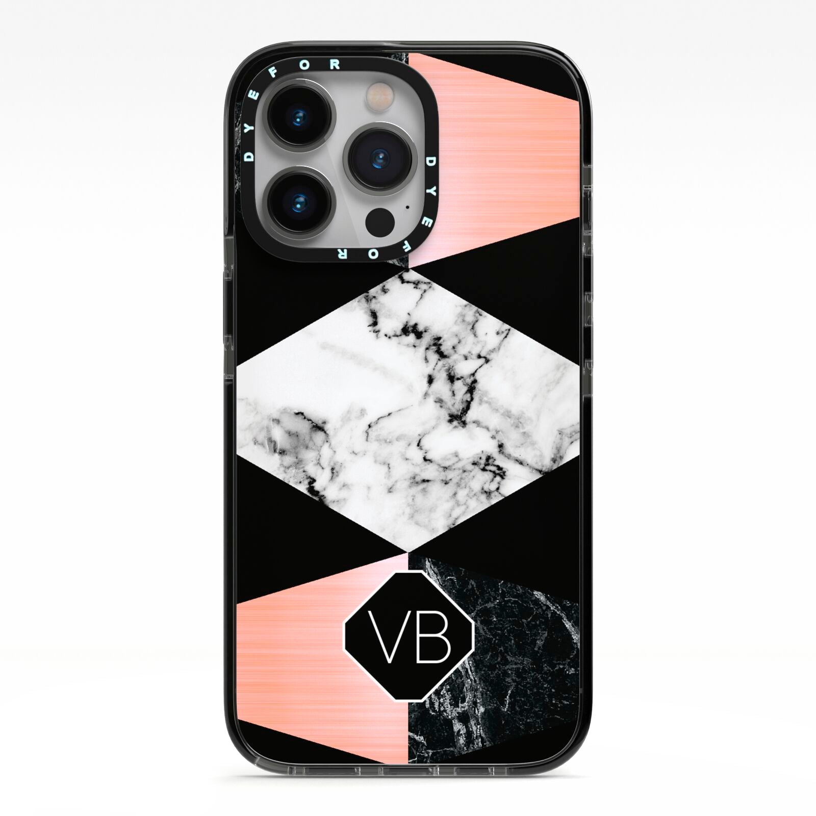 Personalised Custom Marble Initials iPhone 13 Pro Black Impact Case on Silver phone