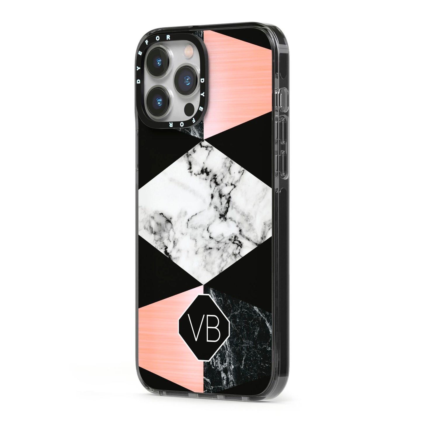 Personalised Custom Marble Initials iPhone 13 Pro Max Black Impact Case Side Angle on Silver phone