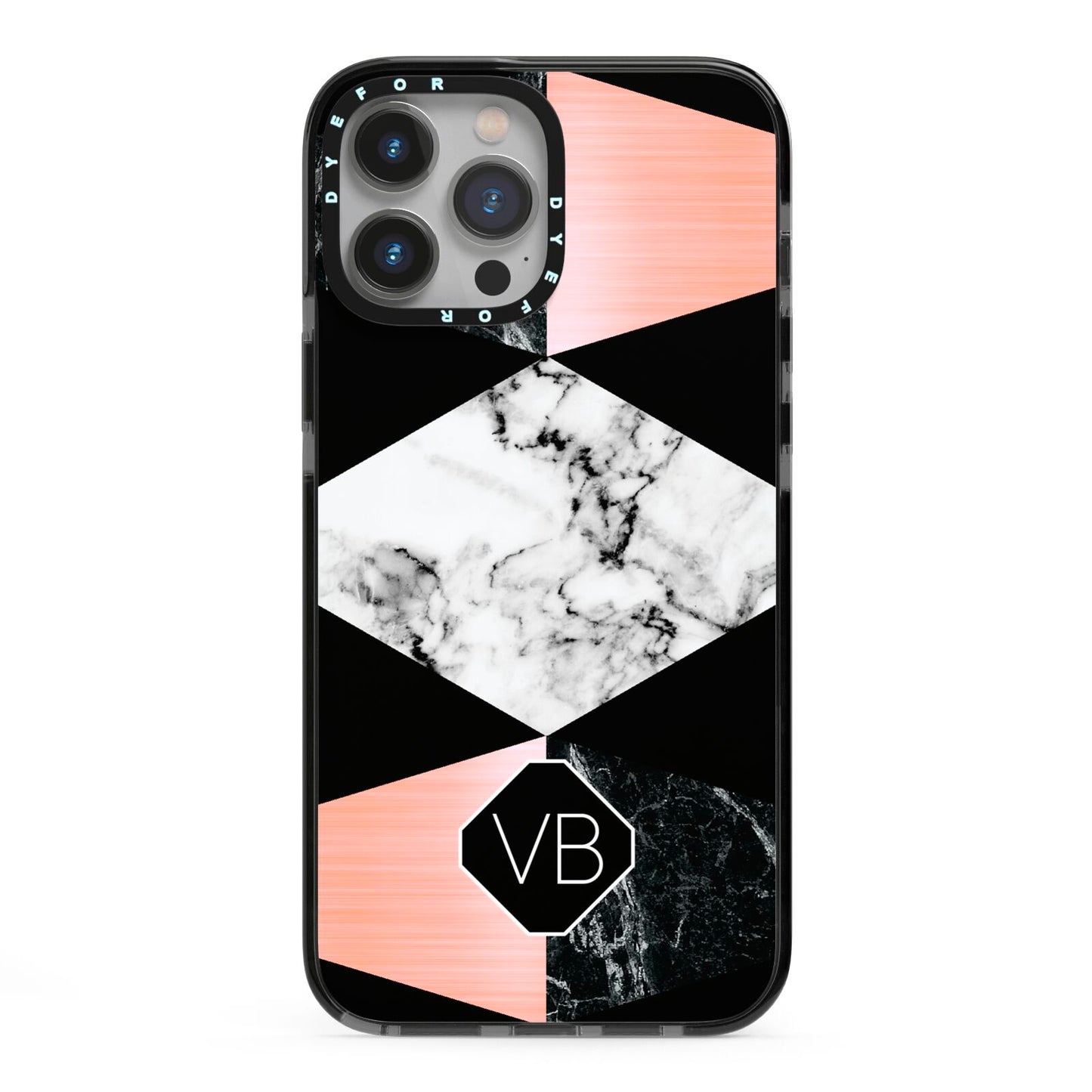 Personalised Custom Marble Initials iPhone 13 Pro Max Black Impact Case on Silver phone