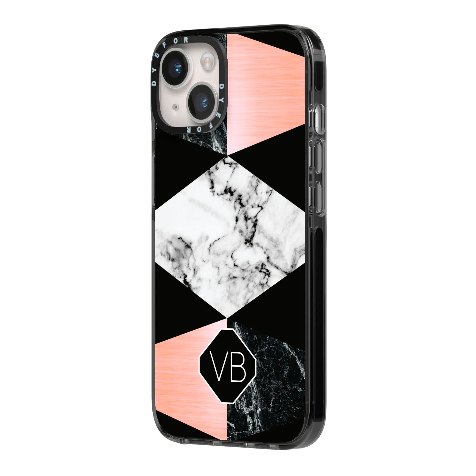 Personalised Custom Marble Initials iPhone 14 Black Impact Case Side Angle on Silver phone