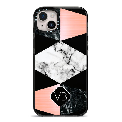 Personalised Custom Marble Initials iPhone 14 Plus Black Impact Case on Silver phone