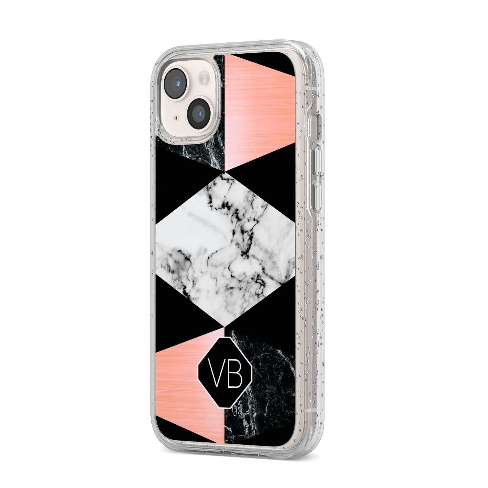 Personalised Custom Marble Initials iPhone 14 Plus Glitter Tough Case Starlight Angled Image