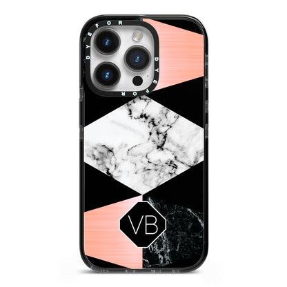 Personalised Custom Marble Initials iPhone 14 Pro Black Impact Case on Silver phone