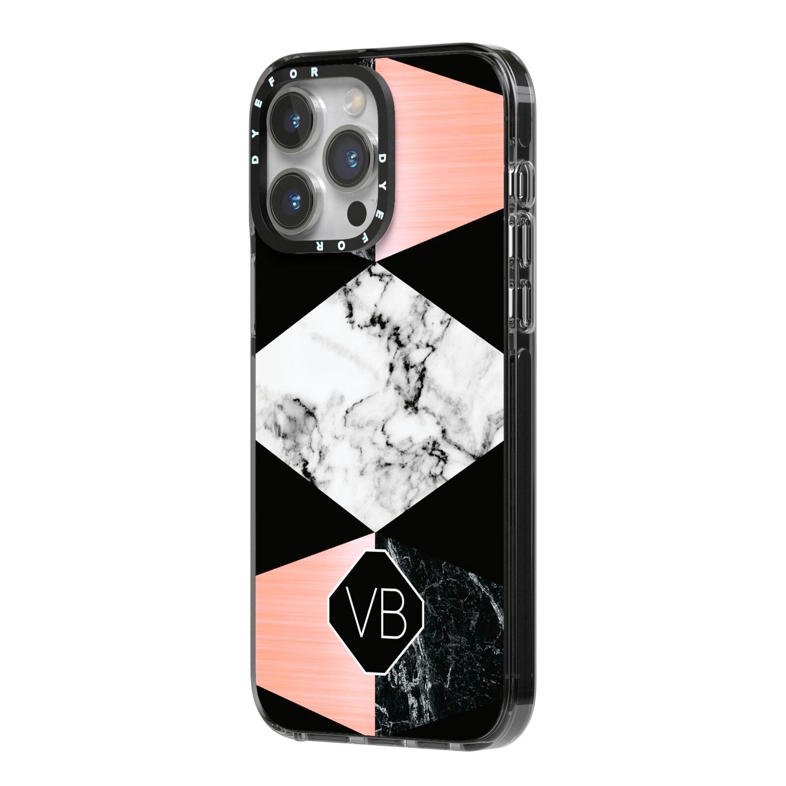 Personalised Custom Marble Initials iPhone 14 Pro Max Black Impact Case Side Angle on Silver phone