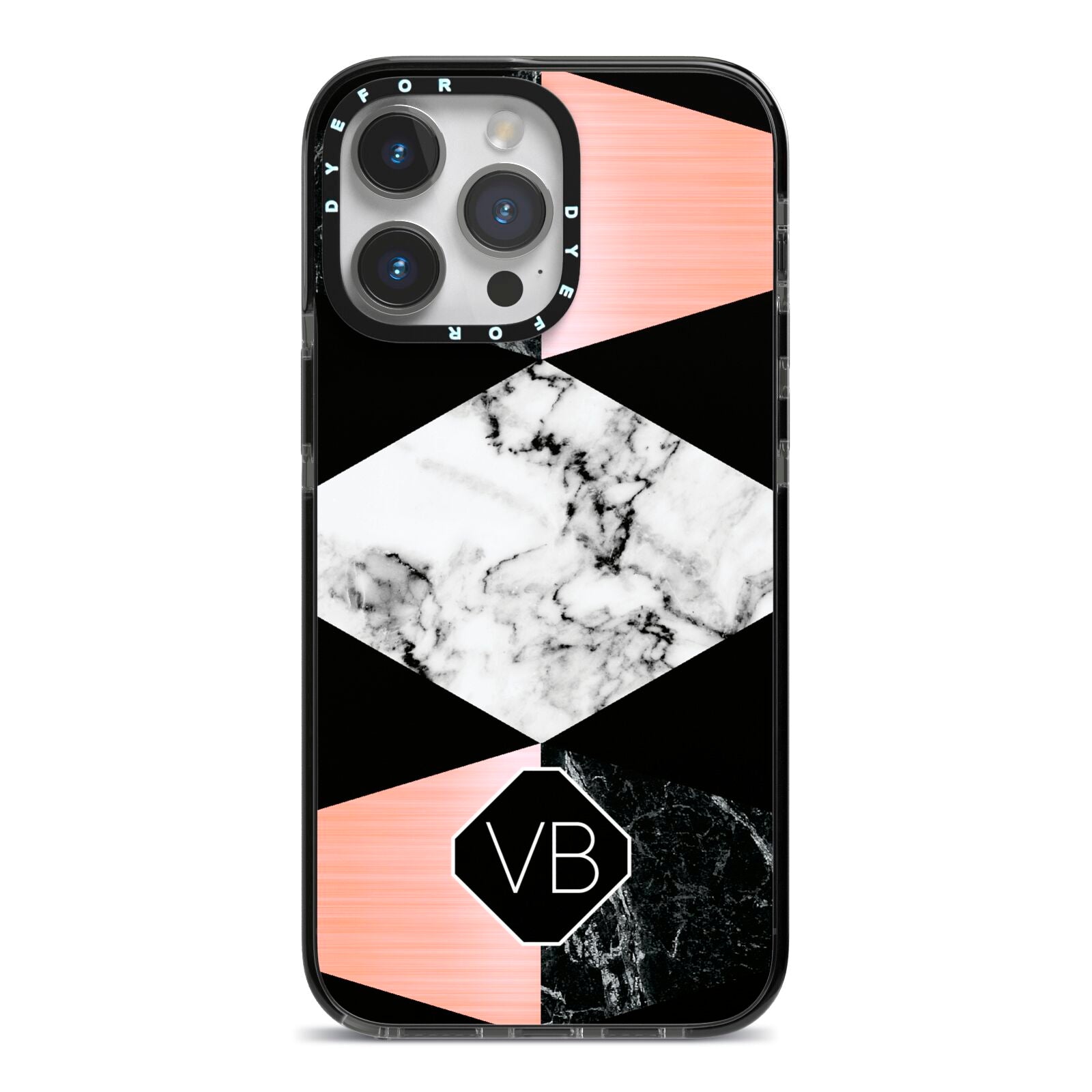 Personalised Custom Marble Initials iPhone 14 Pro Max Black Impact Case on Silver phone