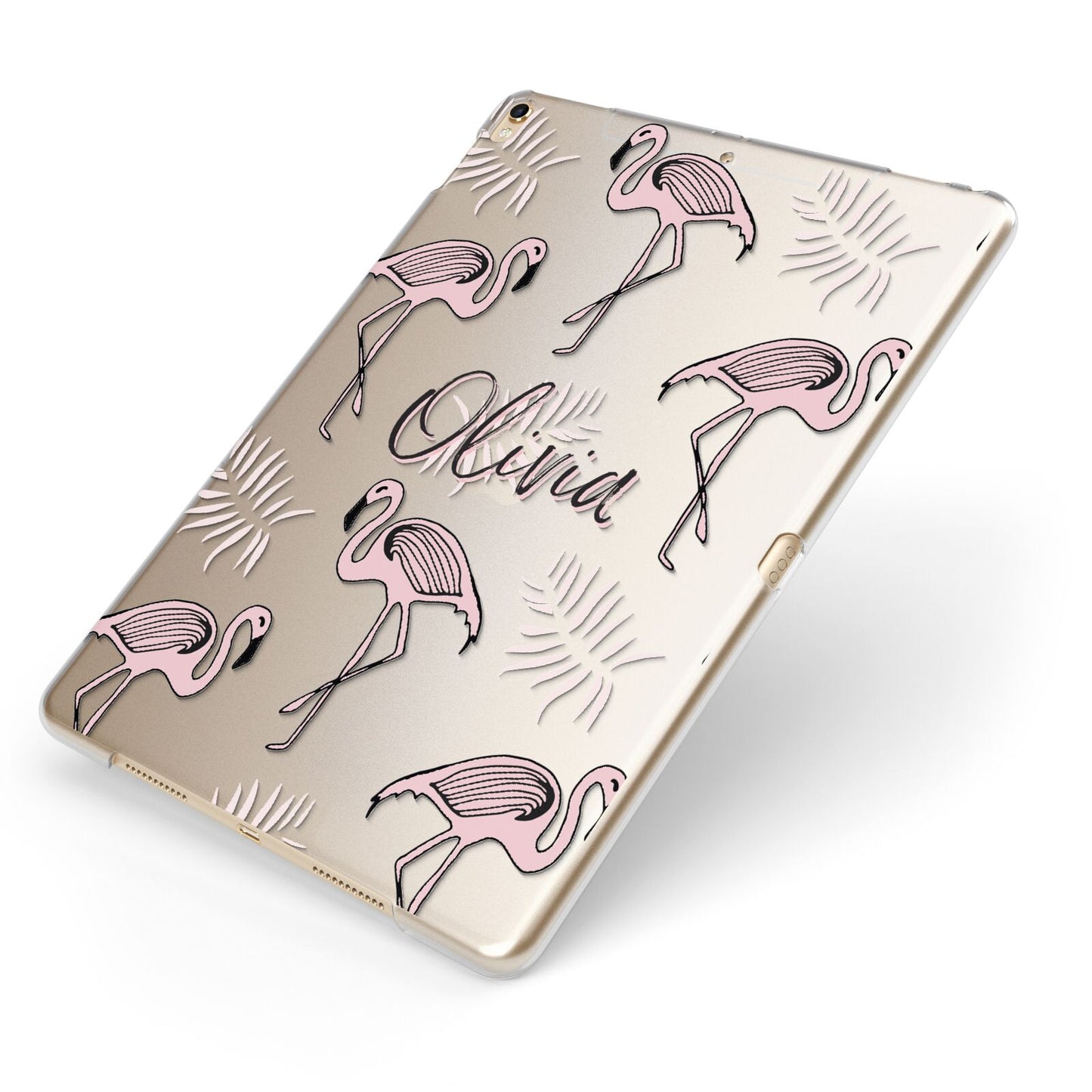Personalised Cute Pink Flamingo Apple iPad Case on Gold iPad Side View