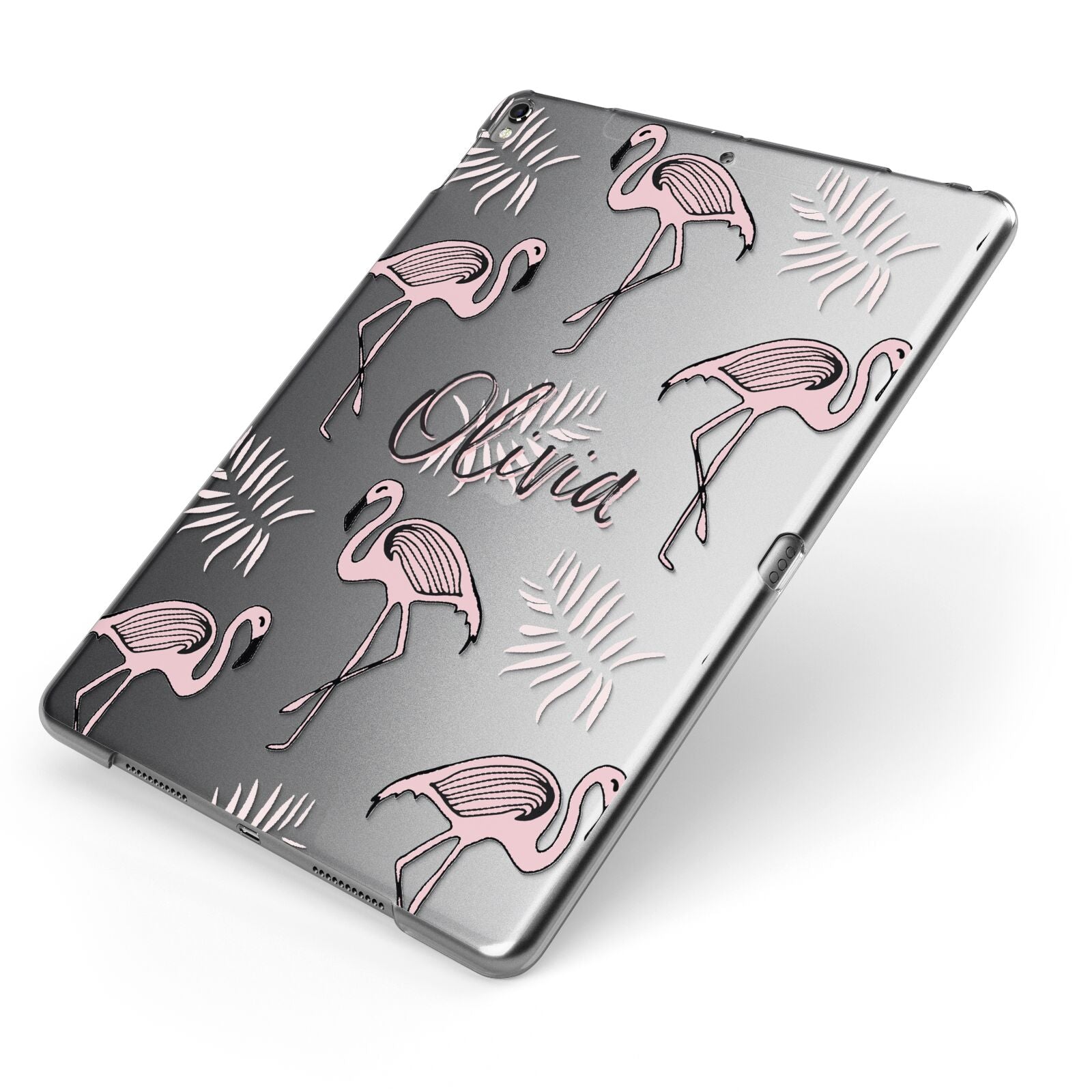 Personalised Cute Pink Flamingo Apple iPad Case on Grey iPad Side View
