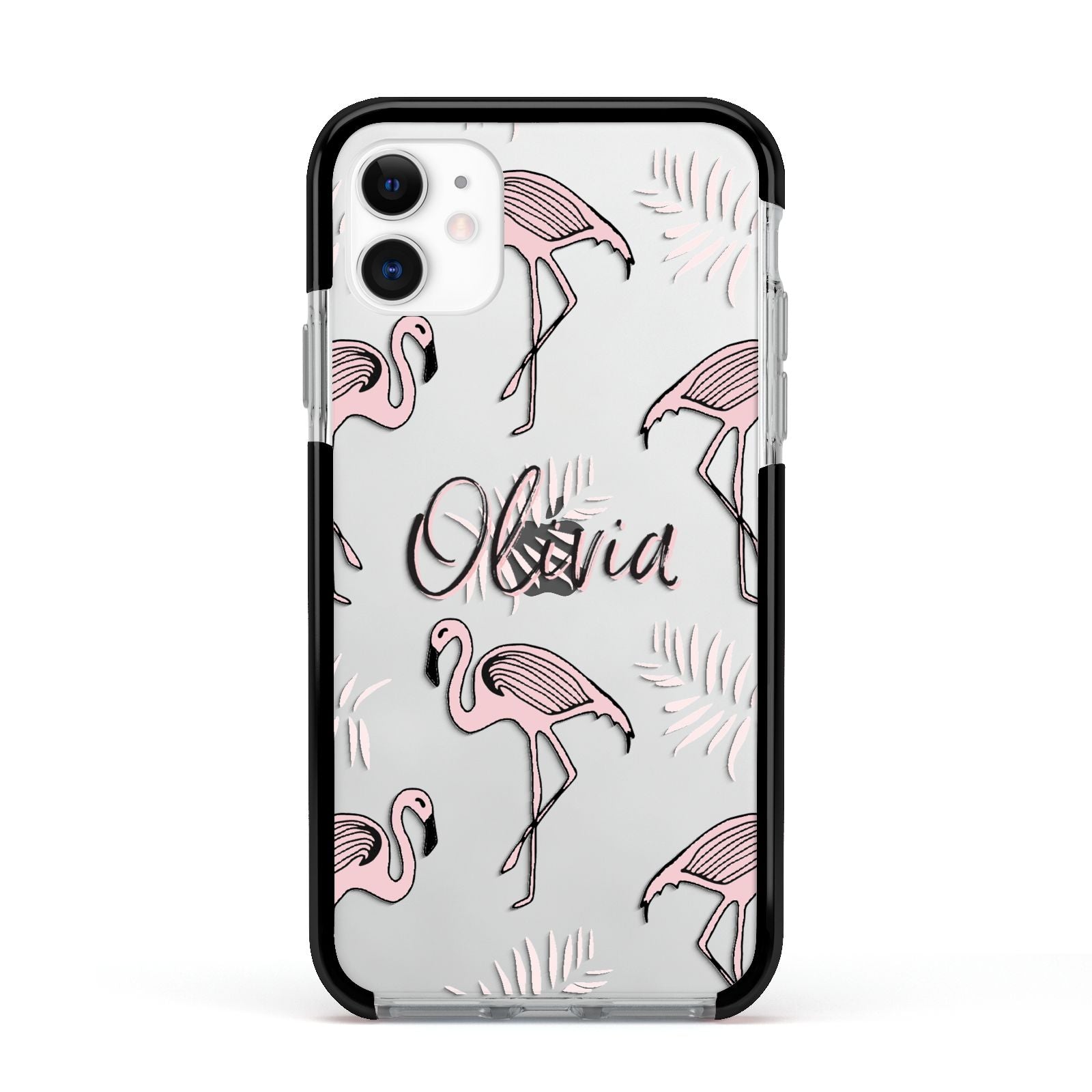 Personalised Cute Pink Flamingo Apple iPhone 11 in White with Black Impact Case