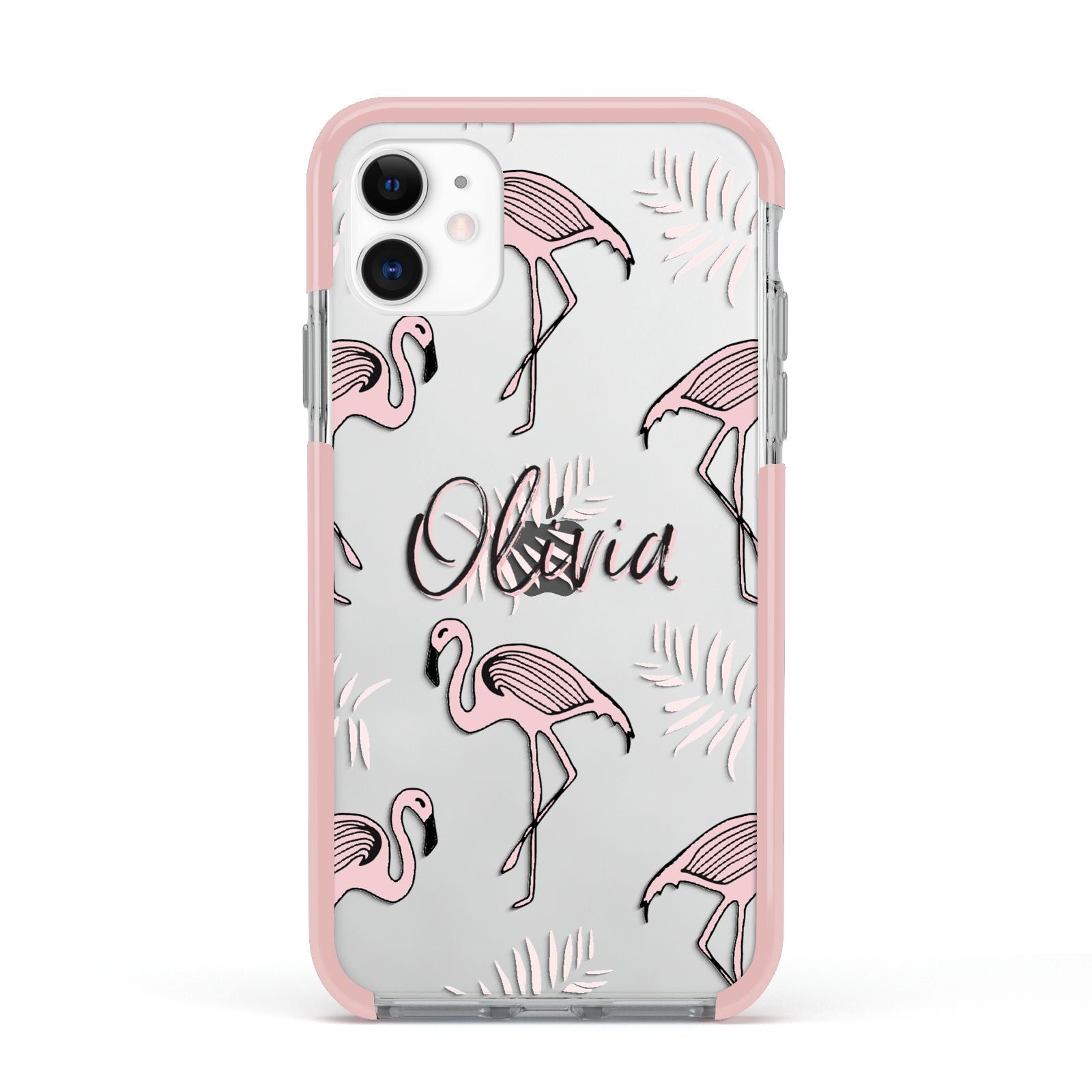 Personalised Cute Pink Flamingo Apple iPhone 11 in White with Pink Impact Case