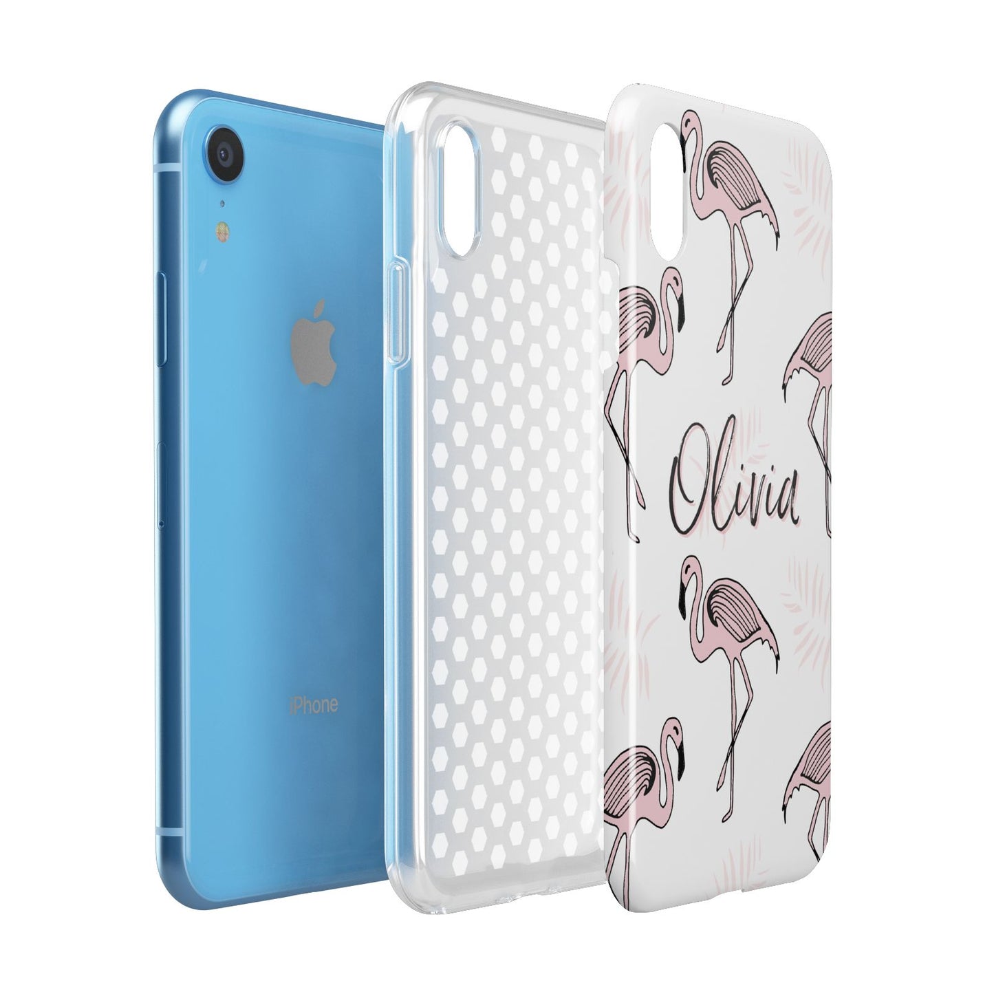 Personalised Cute Pink Flamingo Apple iPhone XR Blue 3D Tough Case Expanded view