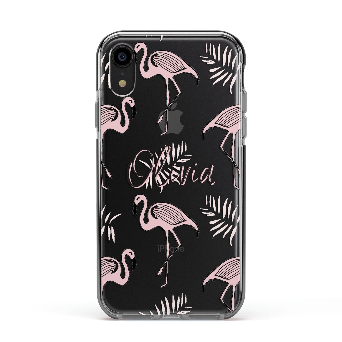 Personalised Cute Pink Flamingo Apple iPhone XR Impact Case Black Edge on Black Phone