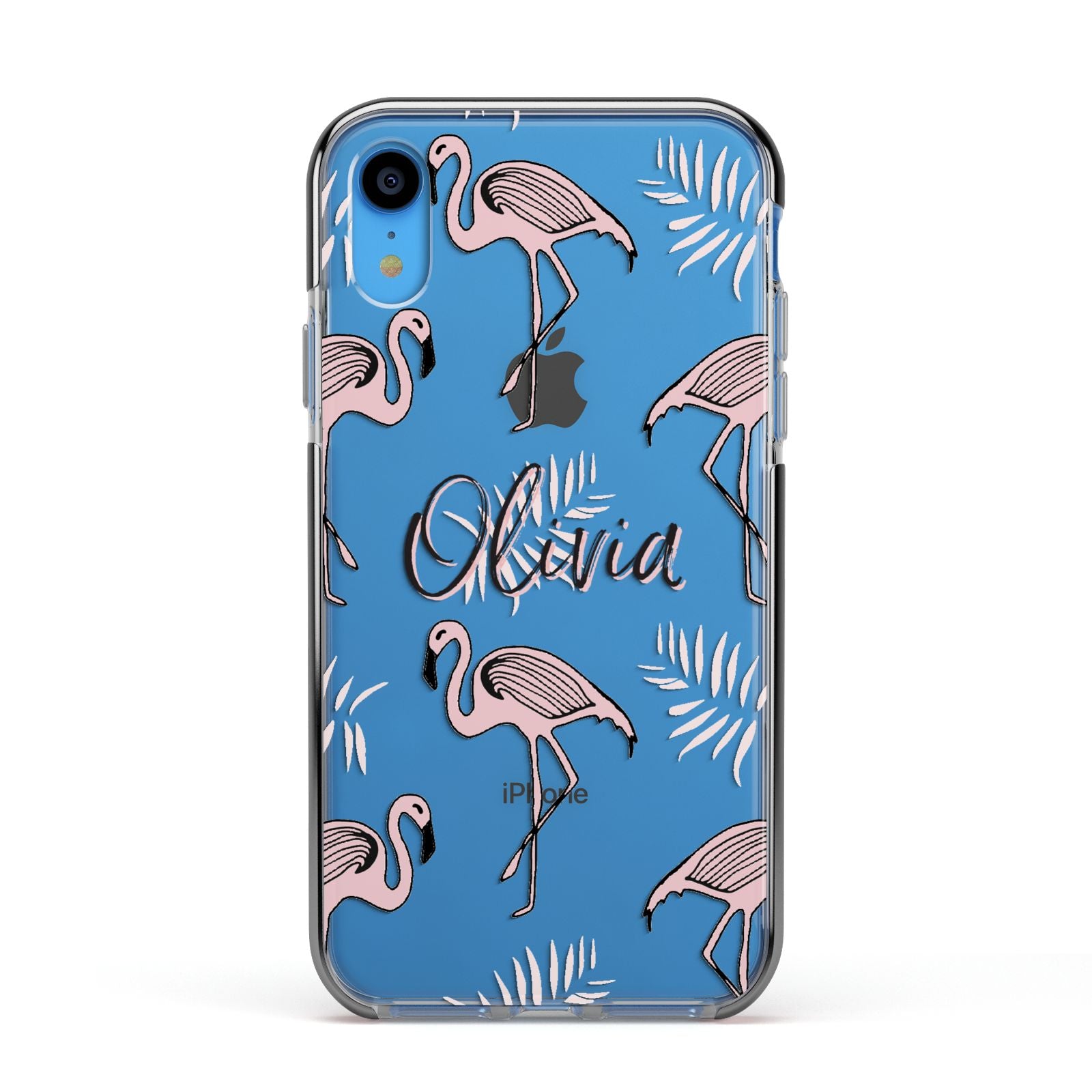 Personalised Cute Pink Flamingo Apple iPhone XR Impact Case Black Edge on Blue Phone