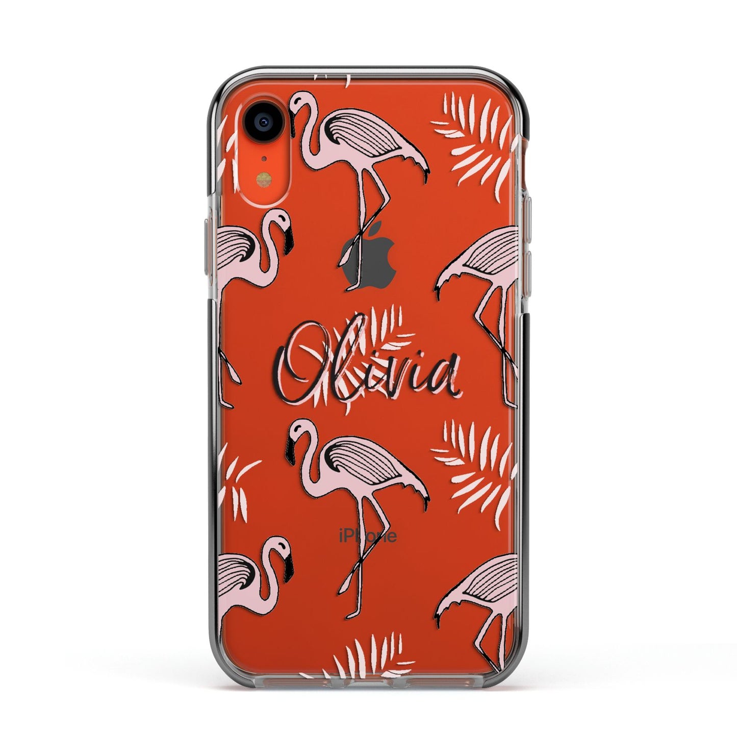 Personalised Cute Pink Flamingo Apple iPhone XR Impact Case Black Edge on Coral Phone