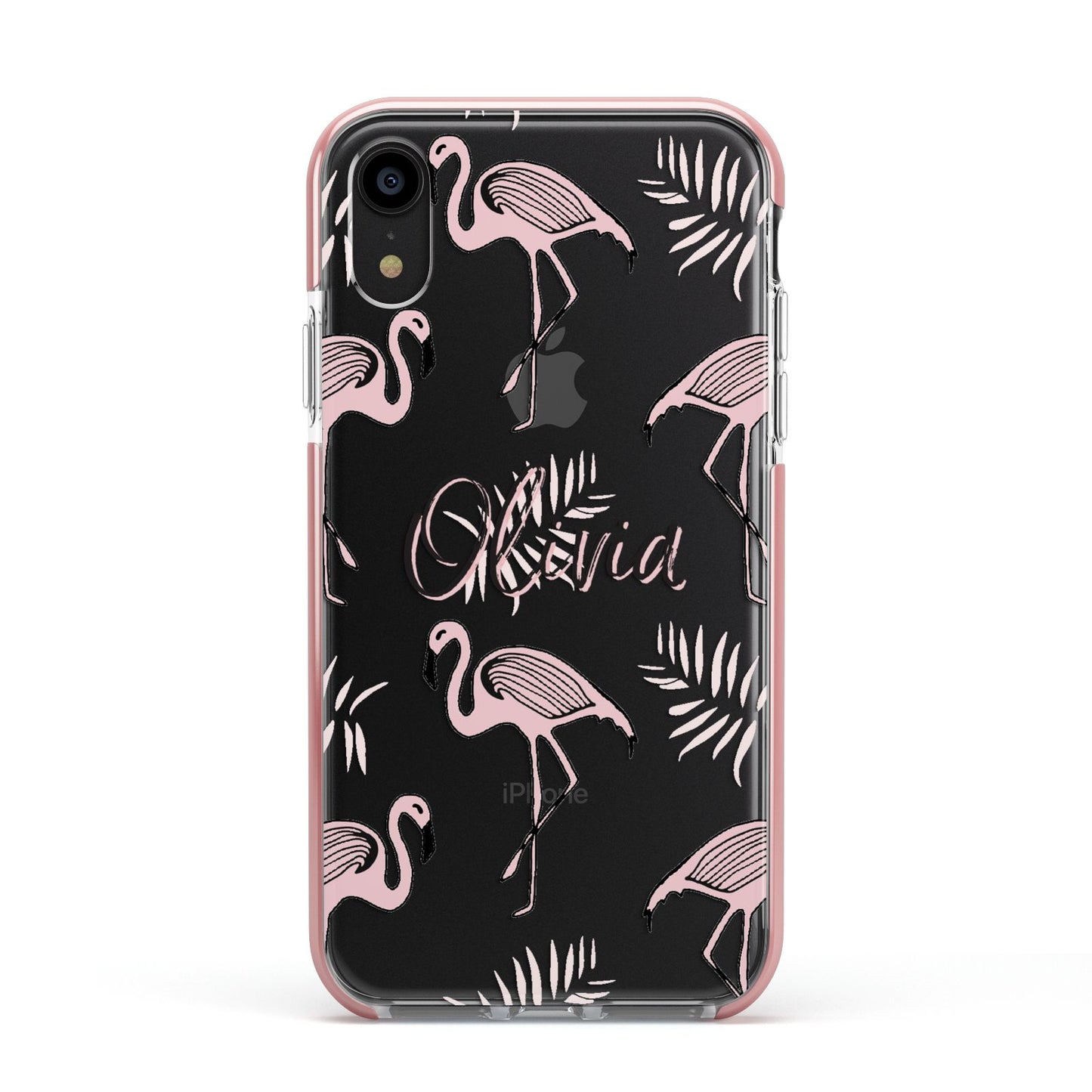 Personalised Cute Pink Flamingo Apple iPhone XR Impact Case Pink Edge on Black Phone