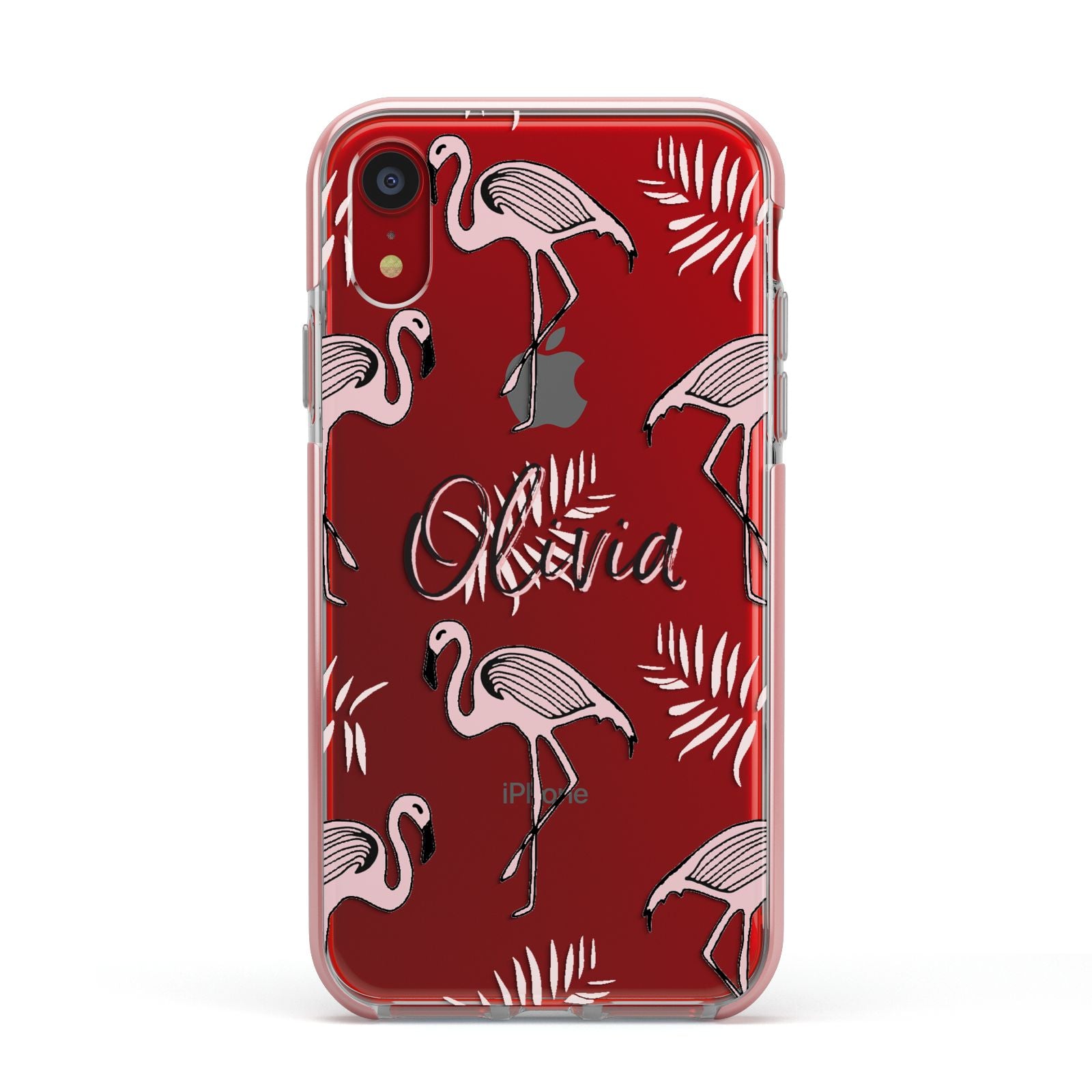 Personalised Cute Pink Flamingo Apple iPhone XR Impact Case Pink Edge on Red Phone