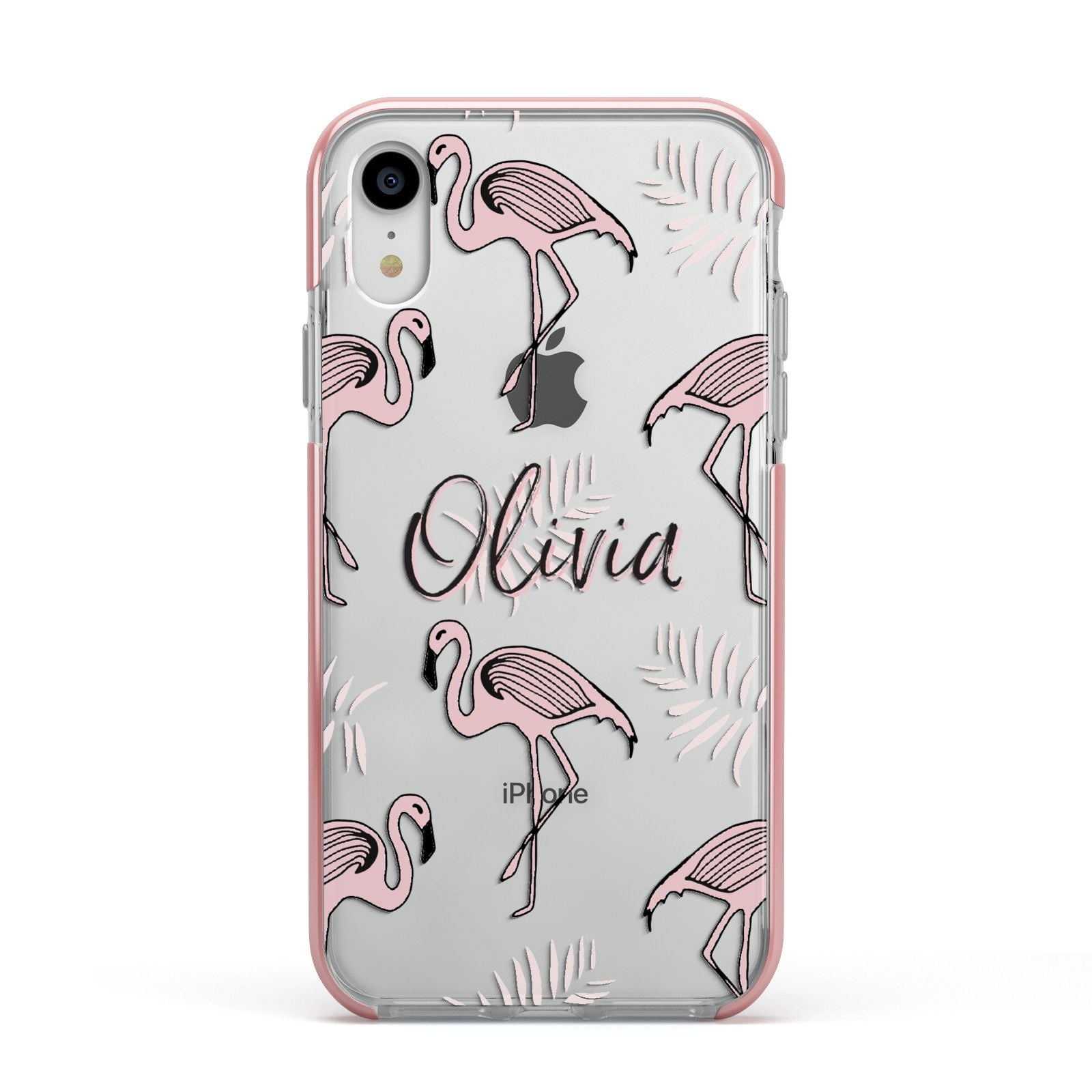 Personalised Cute Pink Flamingo Apple iPhone XR Impact Case Pink Edge on Silver Phone
