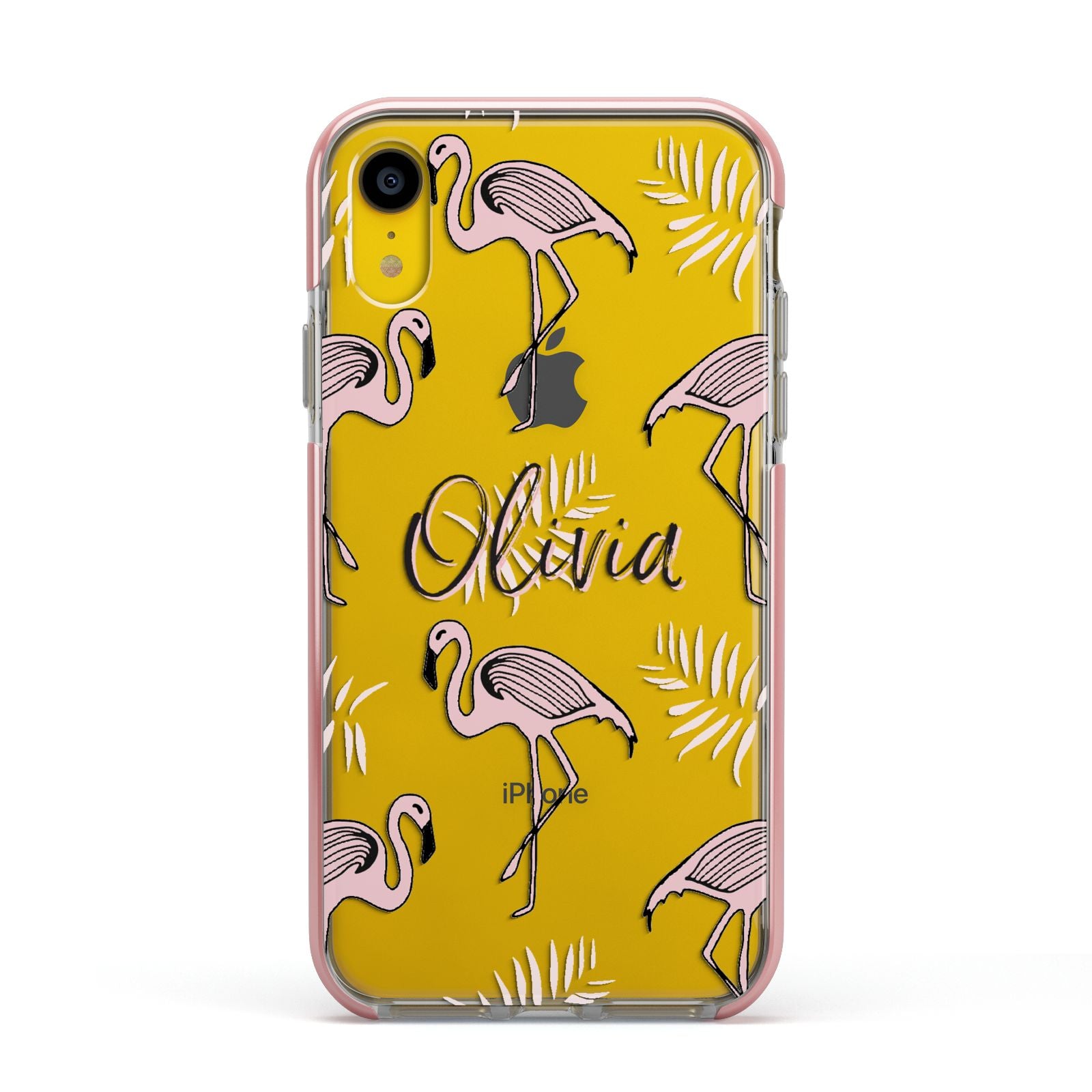 Personalised Cute Pink Flamingo Apple iPhone XR Impact Case Pink Edge on Yellow Phone