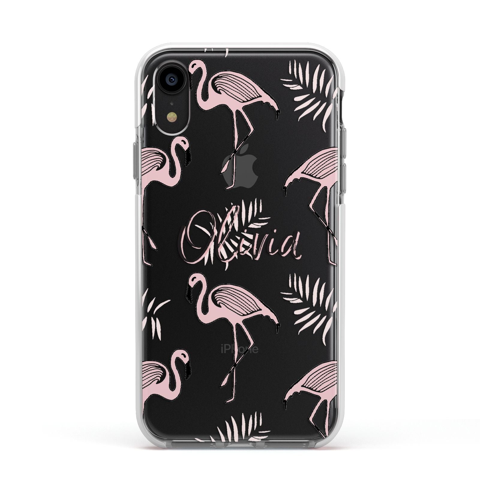 Personalised Cute Pink Flamingo Apple iPhone XR Impact Case White Edge on Black Phone