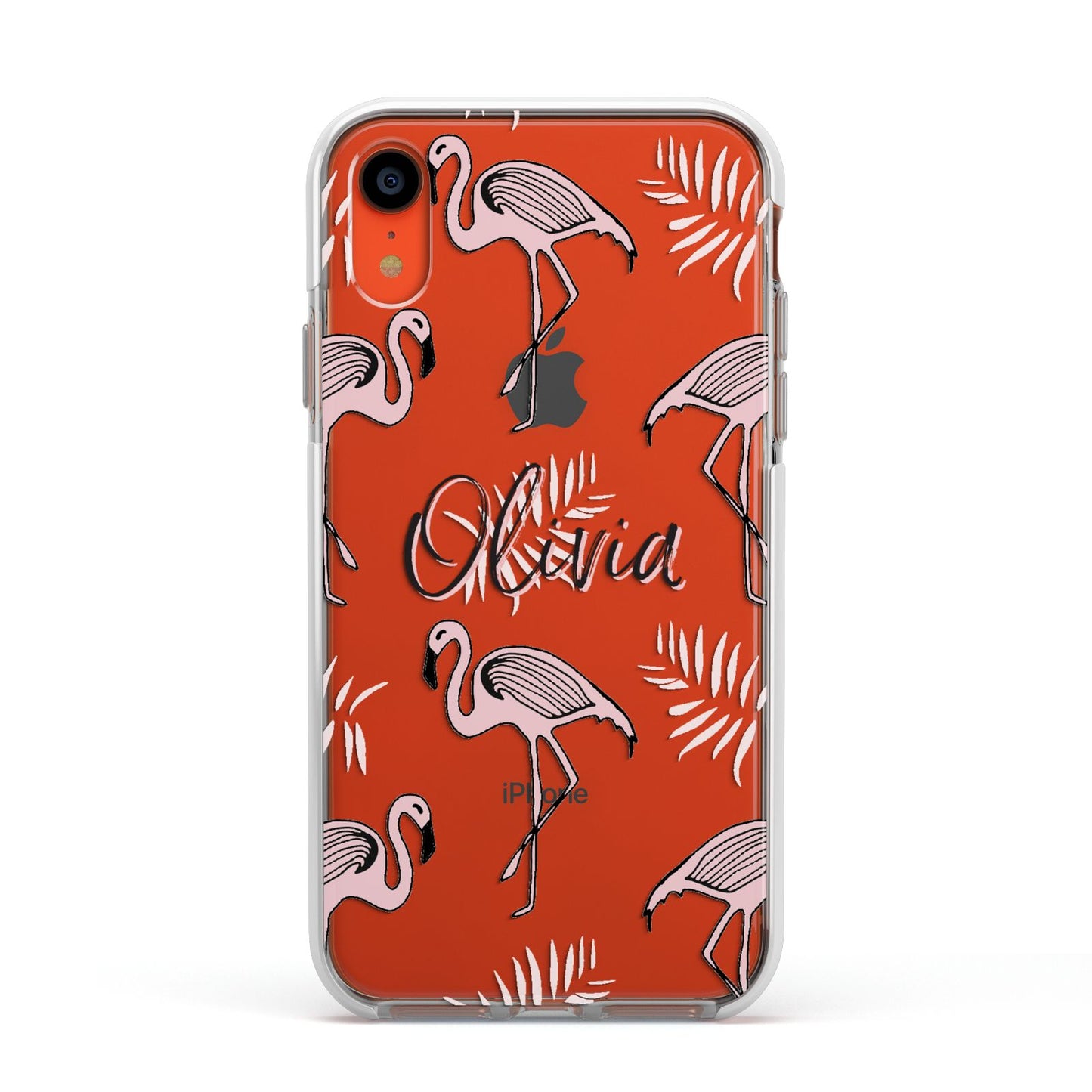 Personalised Cute Pink Flamingo Apple iPhone XR Impact Case White Edge on Coral Phone