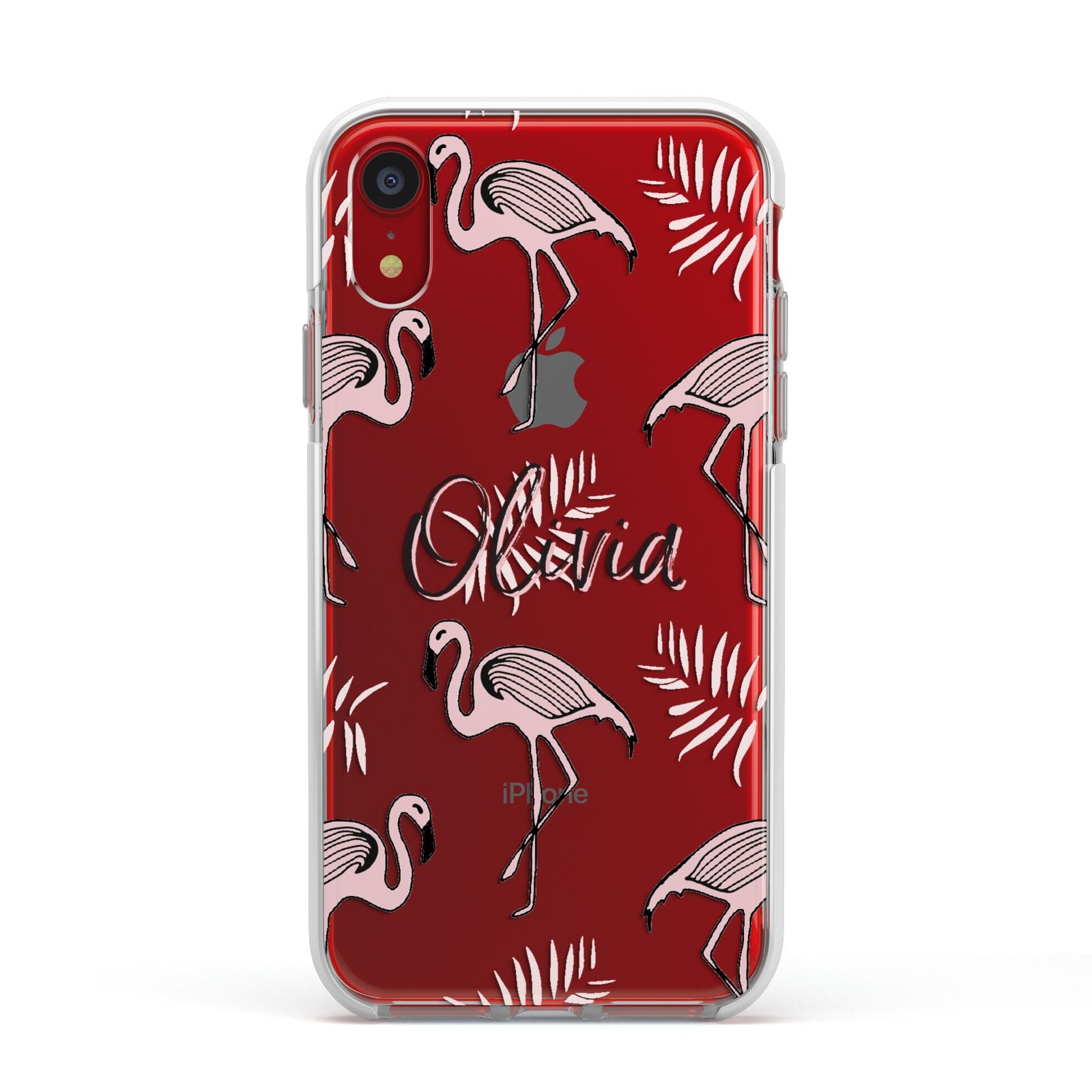 Personalised Cute Pink Flamingo Apple iPhone XR Impact Case White Edge on Red Phone