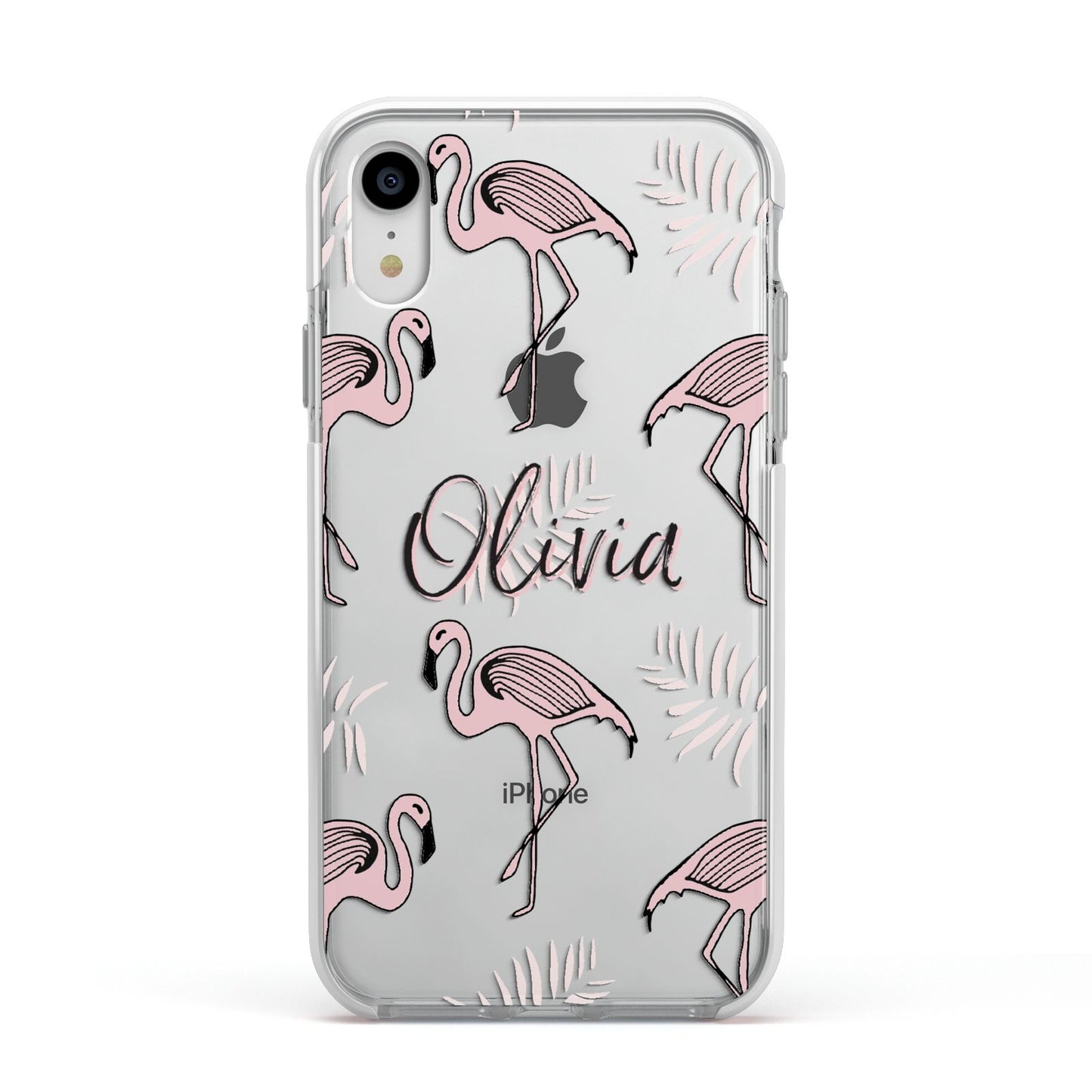 Personalised Cute Pink Flamingo Apple iPhone XR Impact Case White Edge on Silver Phone