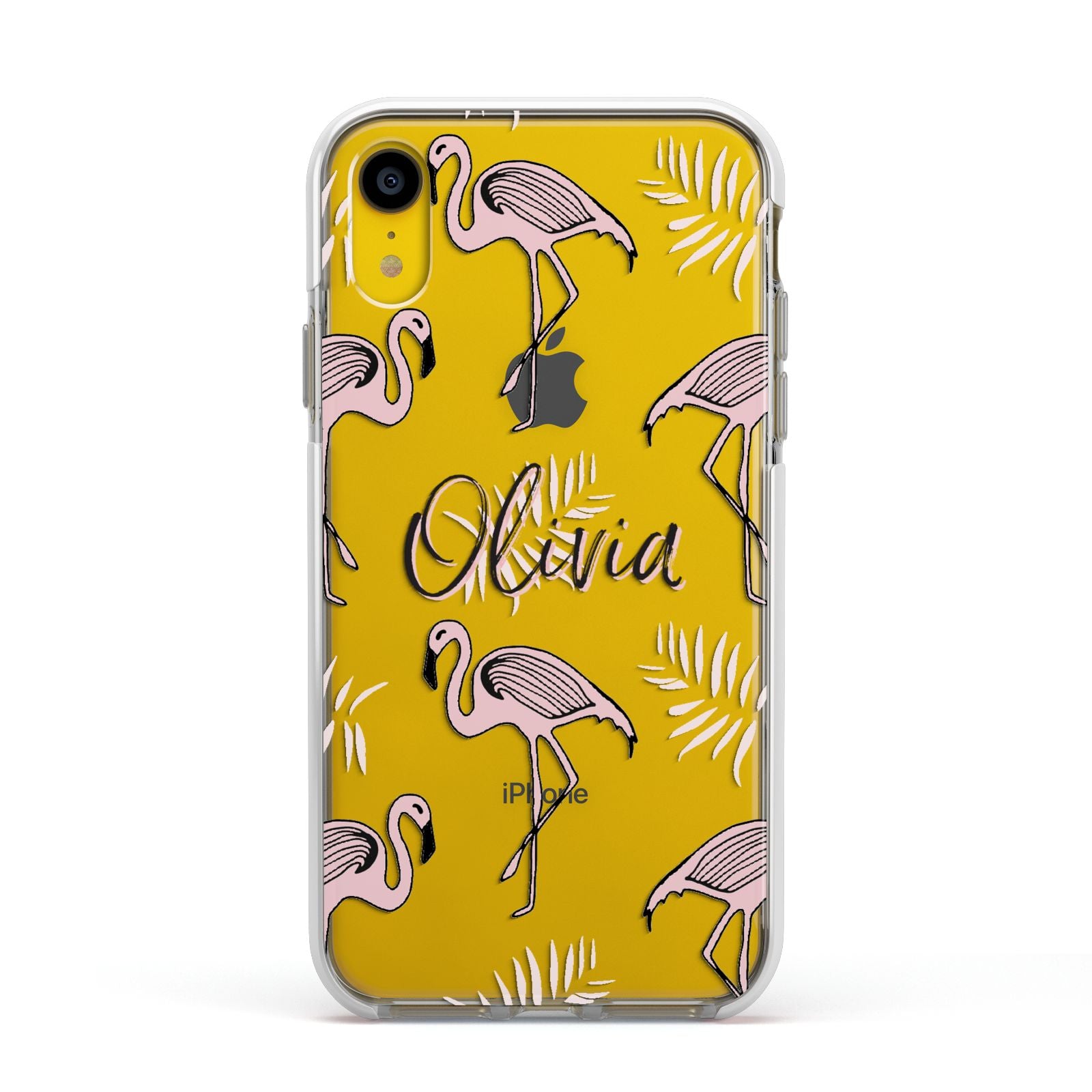 Personalised Cute Pink Flamingo Apple iPhone XR Impact Case White Edge on Yellow Phone