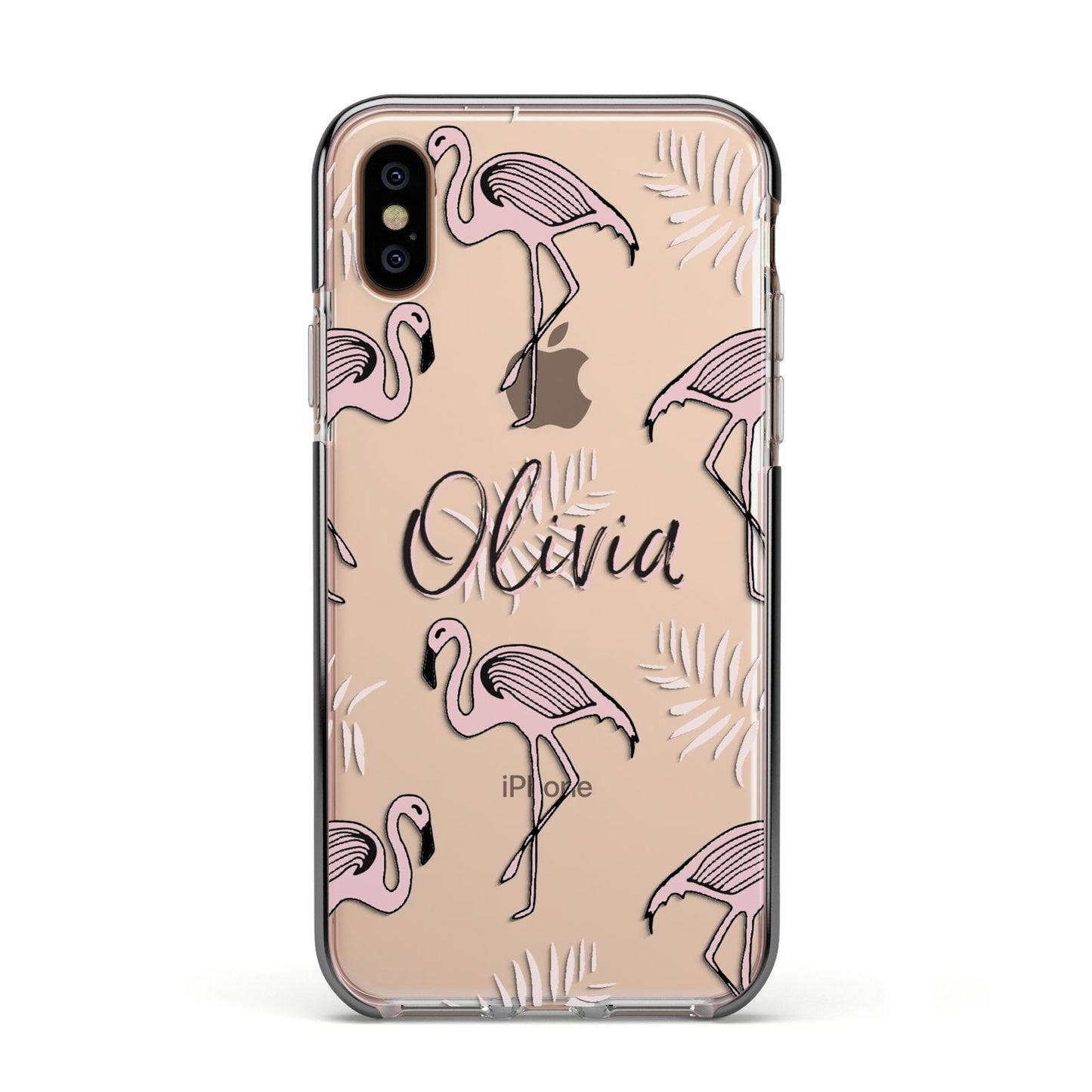 Personalised Cute Pink Flamingo Apple iPhone Xs Impact Case Black Edge on Gold Phone