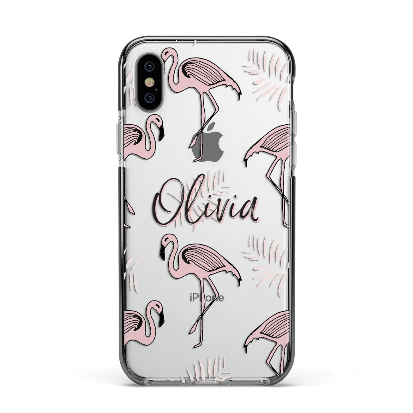 Personalised Cute Pink Flamingo Apple iPhone Xs Impact Case Black Edge on Silver Phone