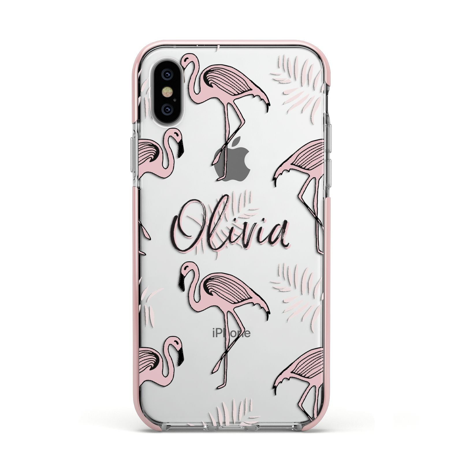 Personalised Cute Pink Flamingo Apple iPhone Xs Impact Case Pink Edge on Silver Phone