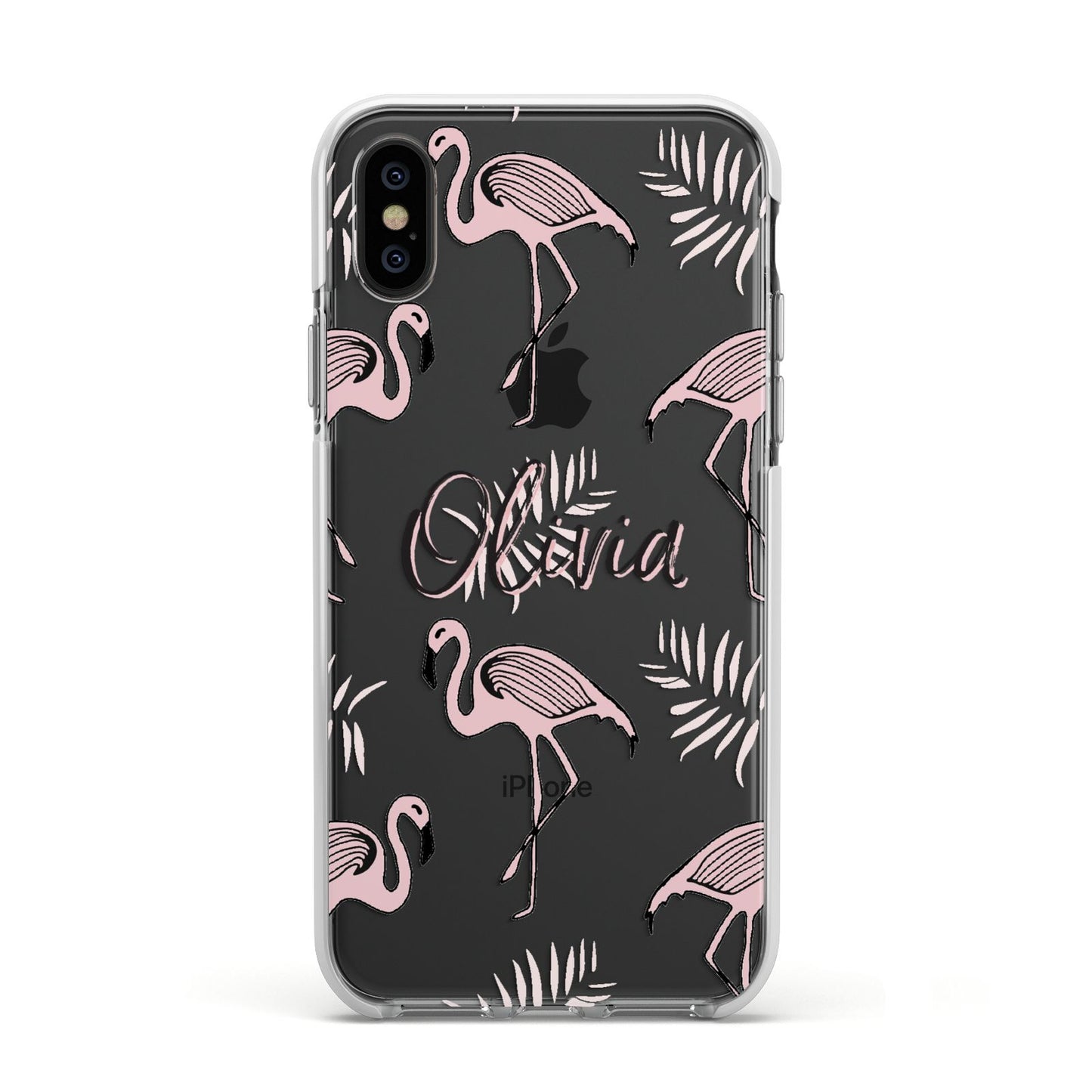 Personalised Cute Pink Flamingo Apple iPhone Xs Impact Case White Edge on Black Phone