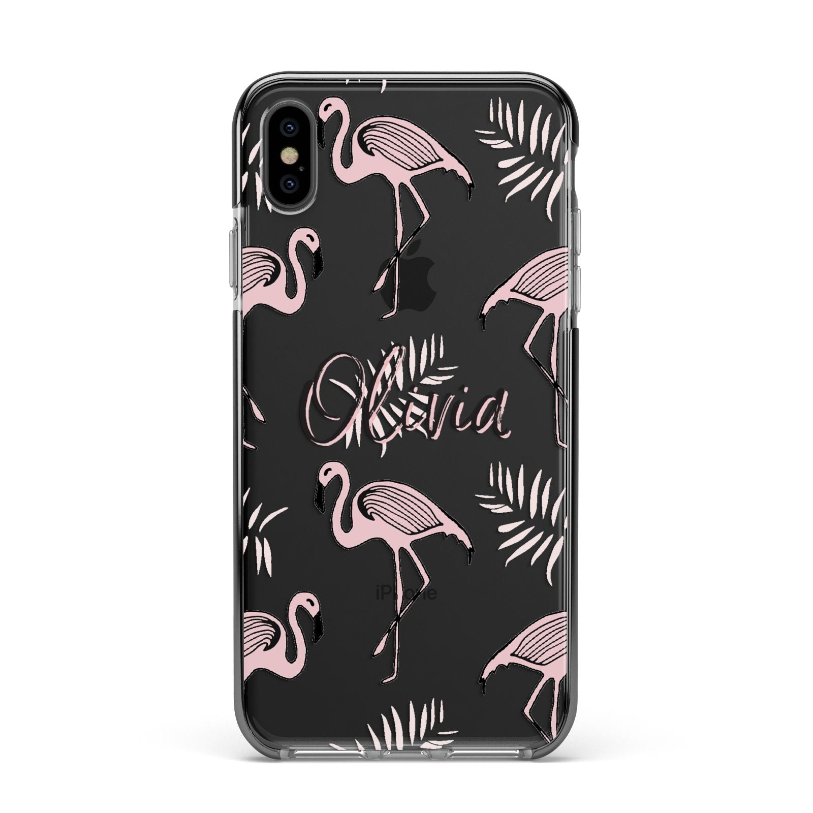 Personalised Cute Pink Flamingo Apple iPhone Xs Max Impact Case Black Edge on Black Phone