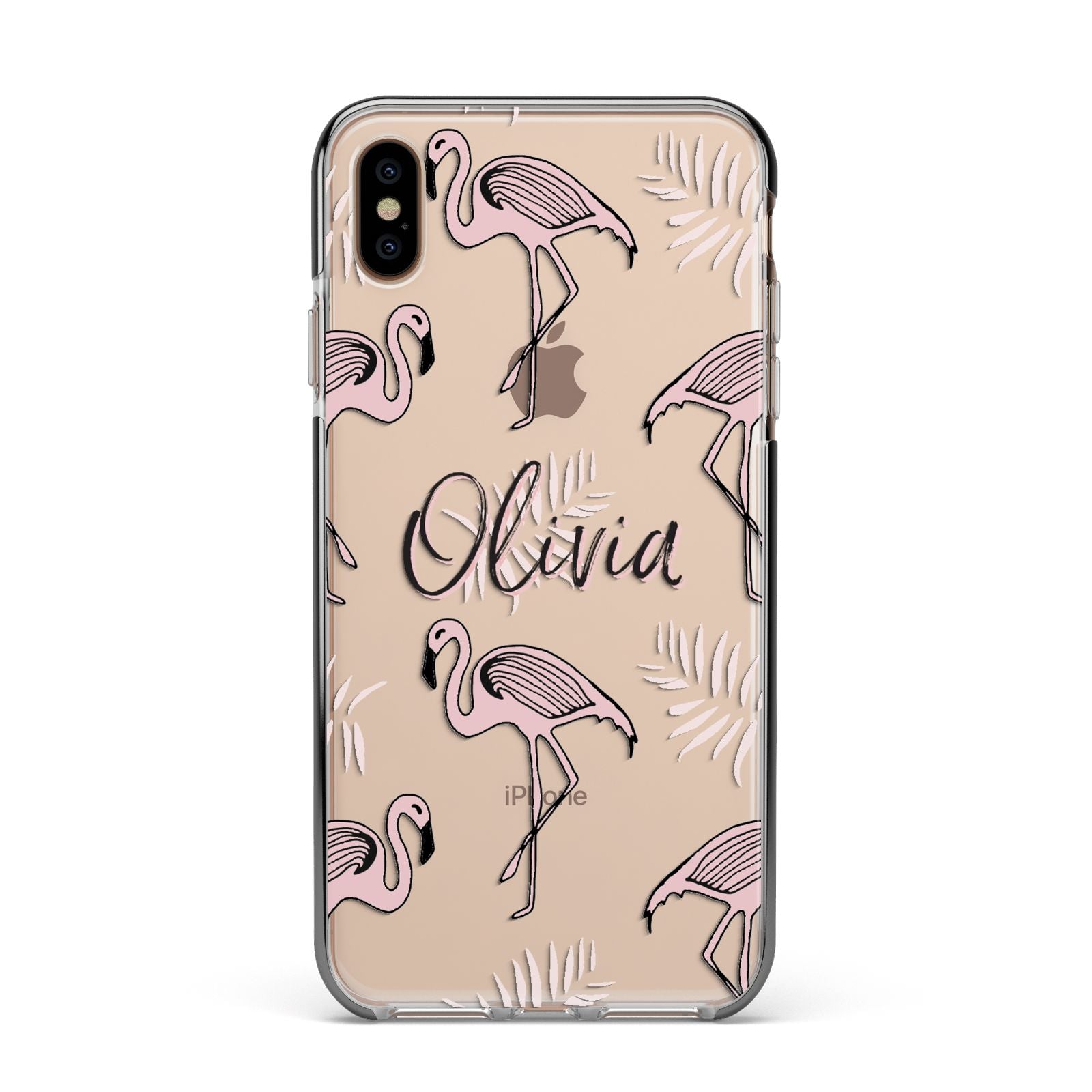 Personalised Cute Pink Flamingo Apple iPhone Xs Max Impact Case Black Edge on Gold Phone