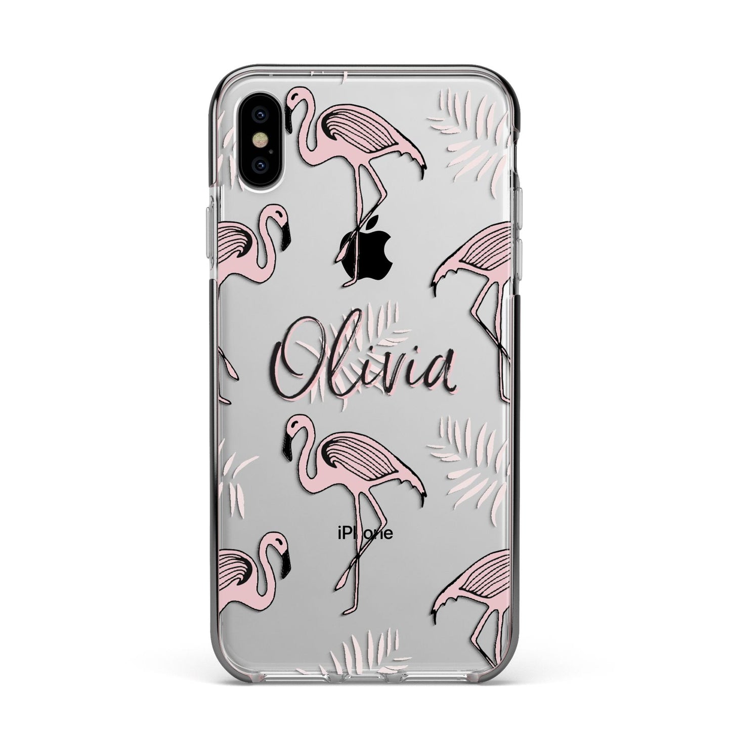 Personalised Cute Pink Flamingo Apple iPhone Xs Max Impact Case Black Edge on Silver Phone