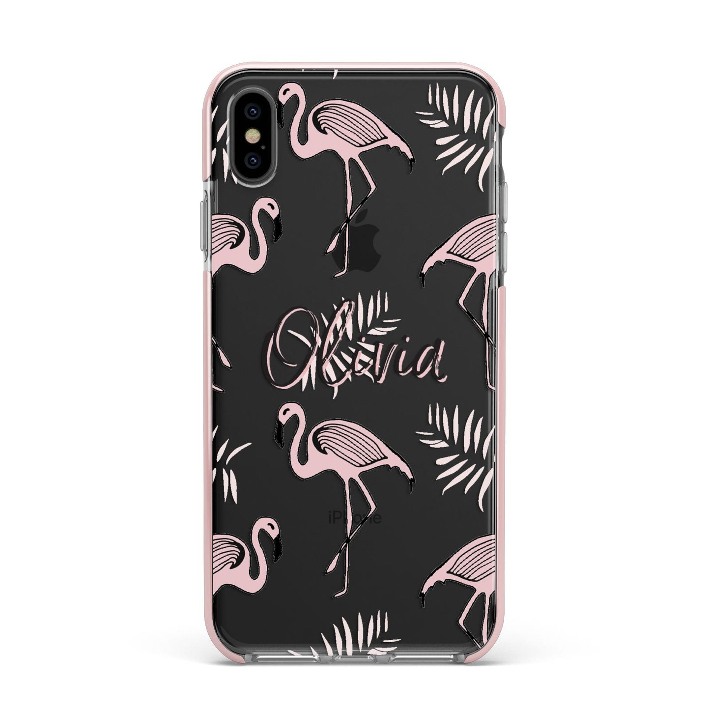 Personalised Cute Pink Flamingo Apple iPhone Xs Max Impact Case Pink Edge on Black Phone