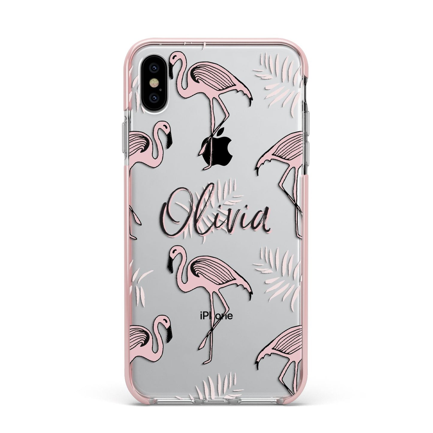 Personalised Cute Pink Flamingo Apple iPhone Xs Max Impact Case Pink Edge on Silver Phone