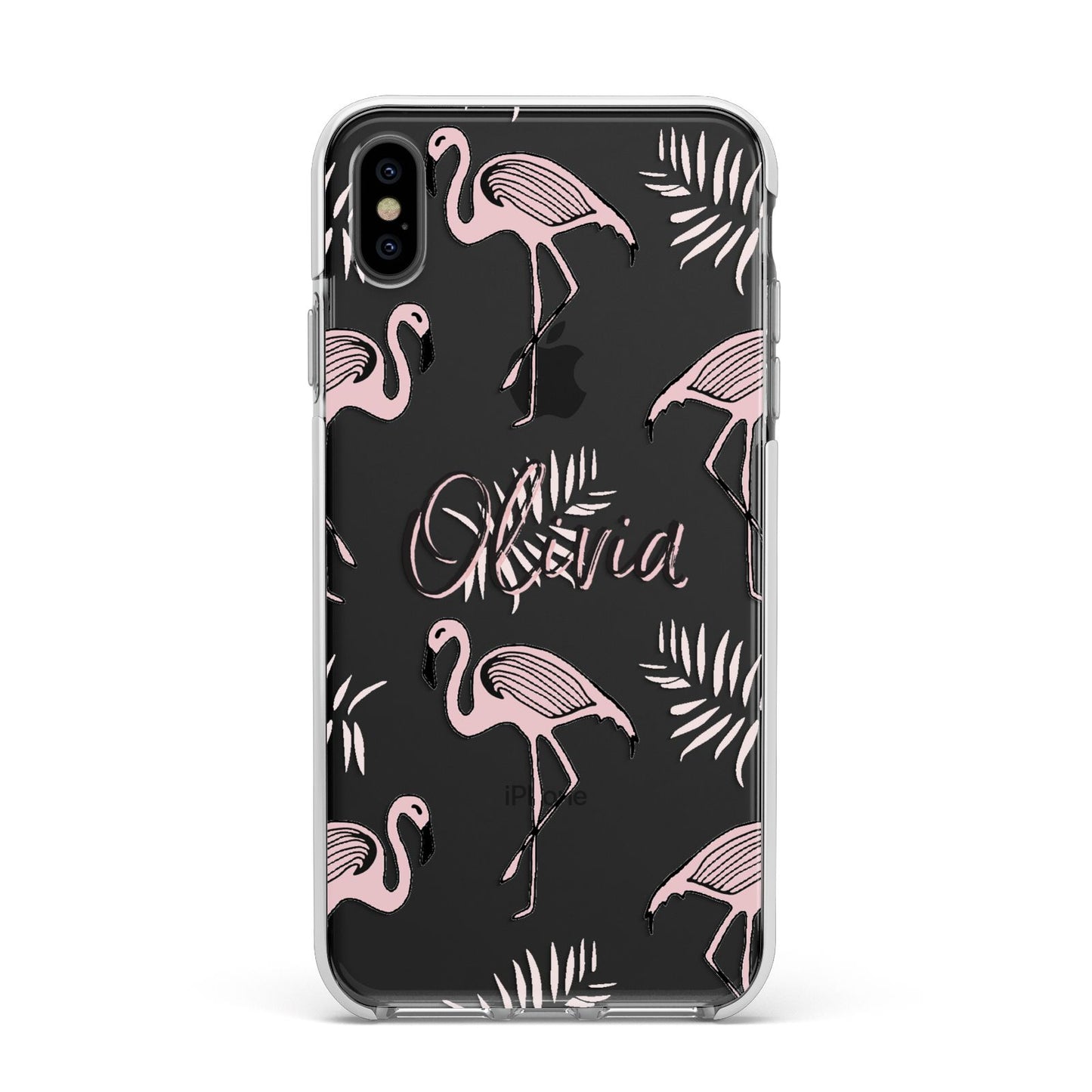 Personalised Cute Pink Flamingo Apple iPhone Xs Max Impact Case White Edge on Black Phone