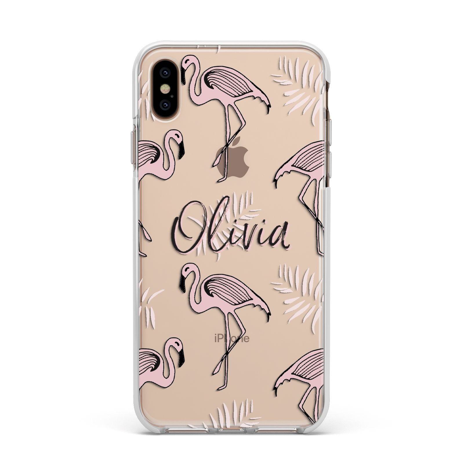 Personalised Cute Pink Flamingo Apple iPhone Xs Max Impact Case White Edge on Gold Phone