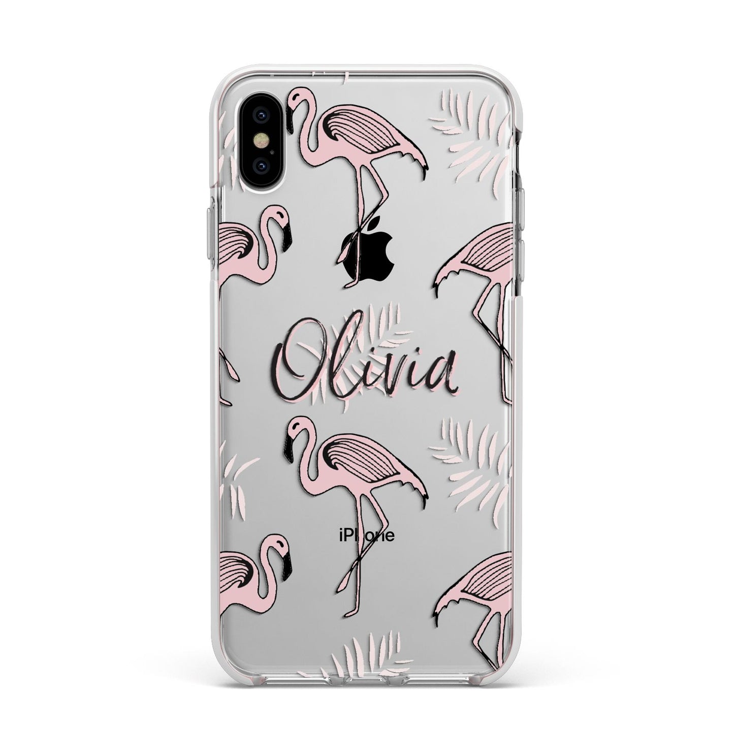 Personalised Cute Pink Flamingo Apple iPhone Xs Max Impact Case White Edge on Silver Phone