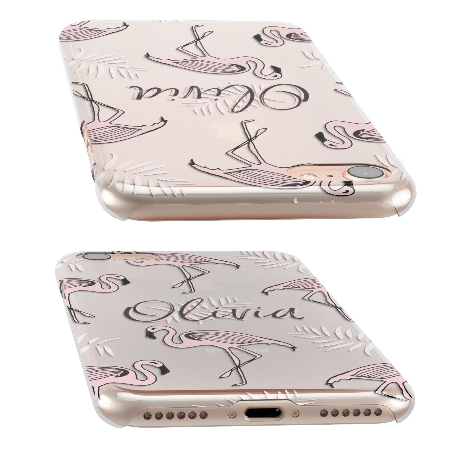 Personalised Cute Pink Flamingo iPhone 6 2D Snap Case side angle on Silver Phone