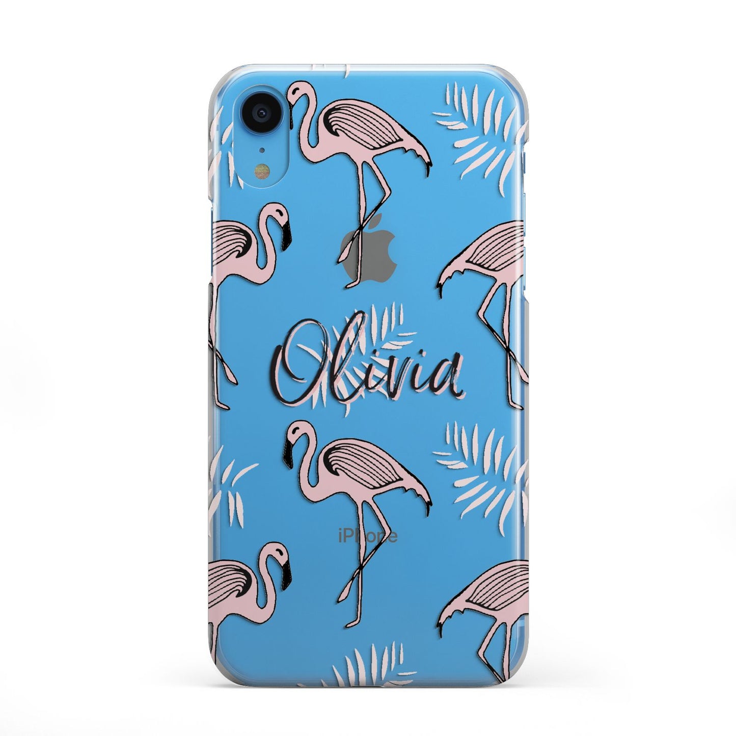 Personalised Cute Pink Flamingo iPhone XR 2D Snap Case on Blue Phone