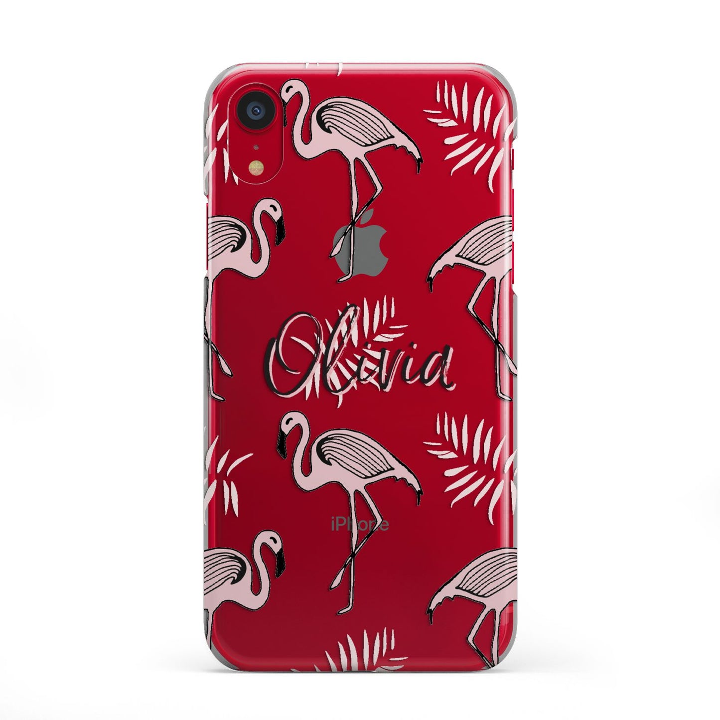 Personalised Cute Pink Flamingo iPhone XR 2D Snap Case on Red Phone