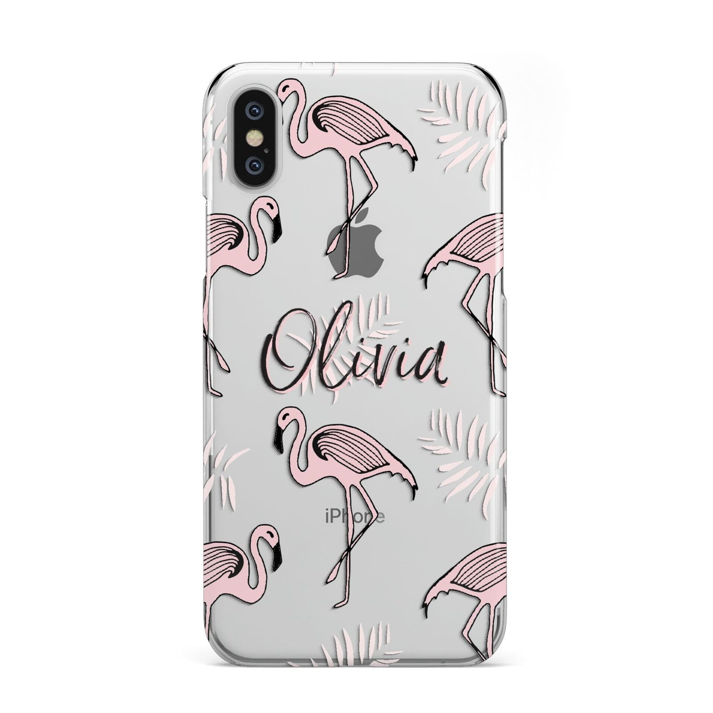 Personalised Cute Pink Flamingo iPhone Xs 2D Snap on Silver Phone