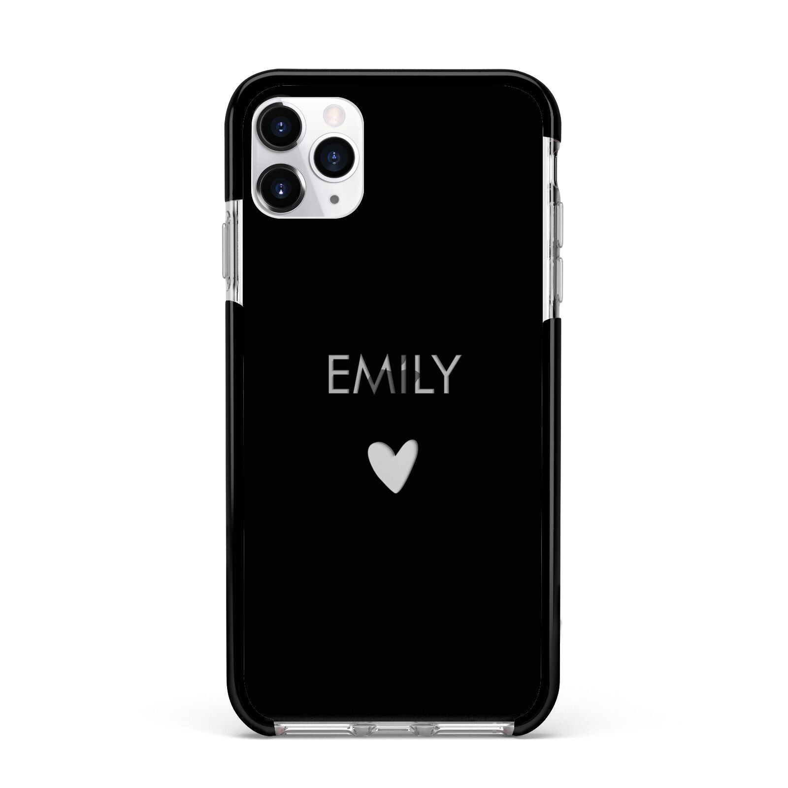 Personalised Cutout Name Heart Clear Black Apple iPhone 11 Pro Max in Silver with Black Impact Case