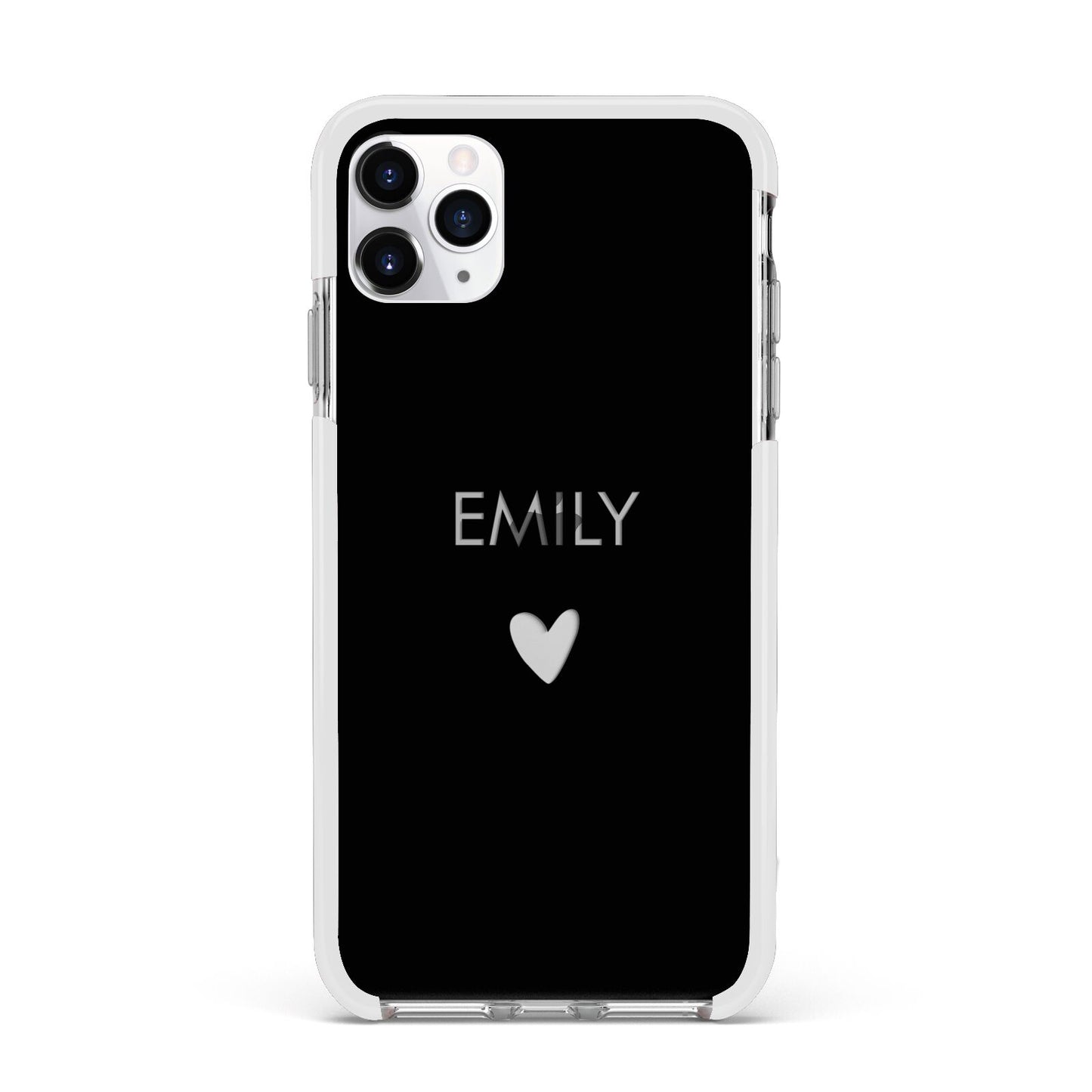 Personalised Cutout Name Heart Clear Black Apple iPhone 11 Pro Max in Silver with White Impact Case